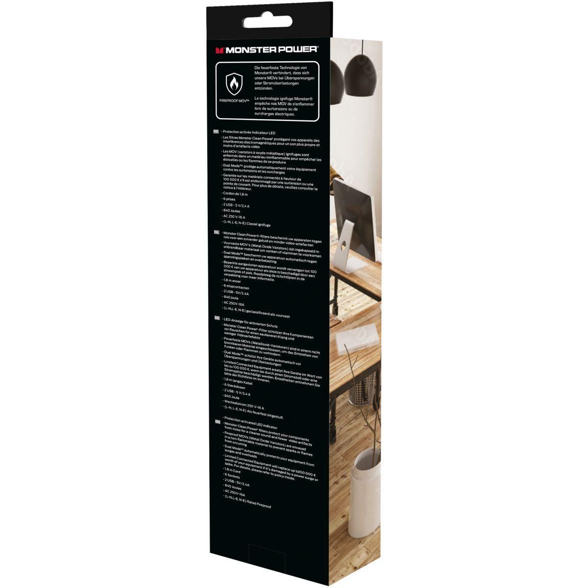 Monster Cable Rallonge parafoudre Parasurtenseur 6 prises + 2 USB-A