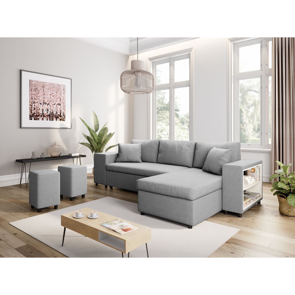 Canapé d'angle convertible avec coffre 3 places + 2 poufs à gauche et étagère à droite  MACHA