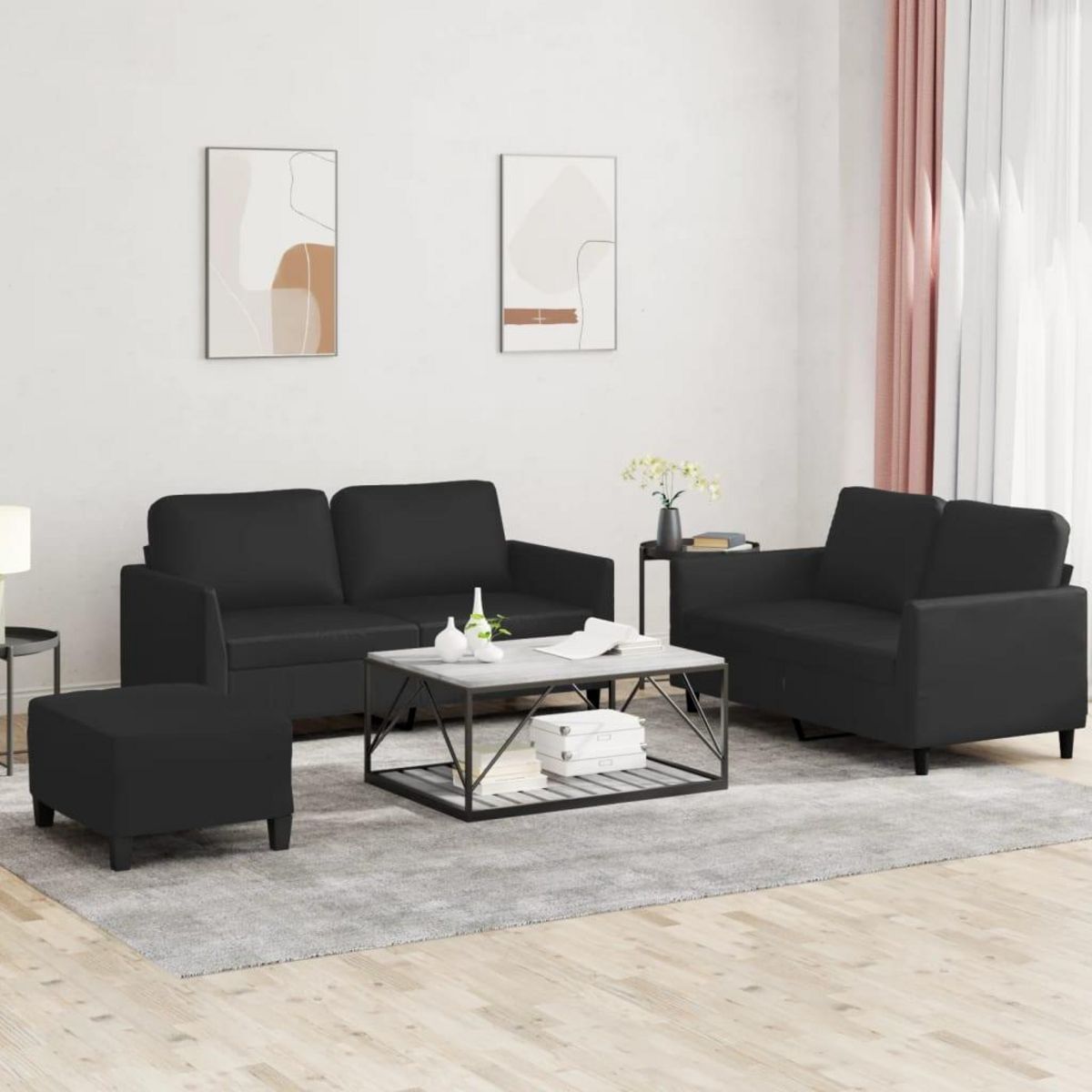 VIDAXL Ensemble de canapes 3 pcs avec coussins Noir Similicuir