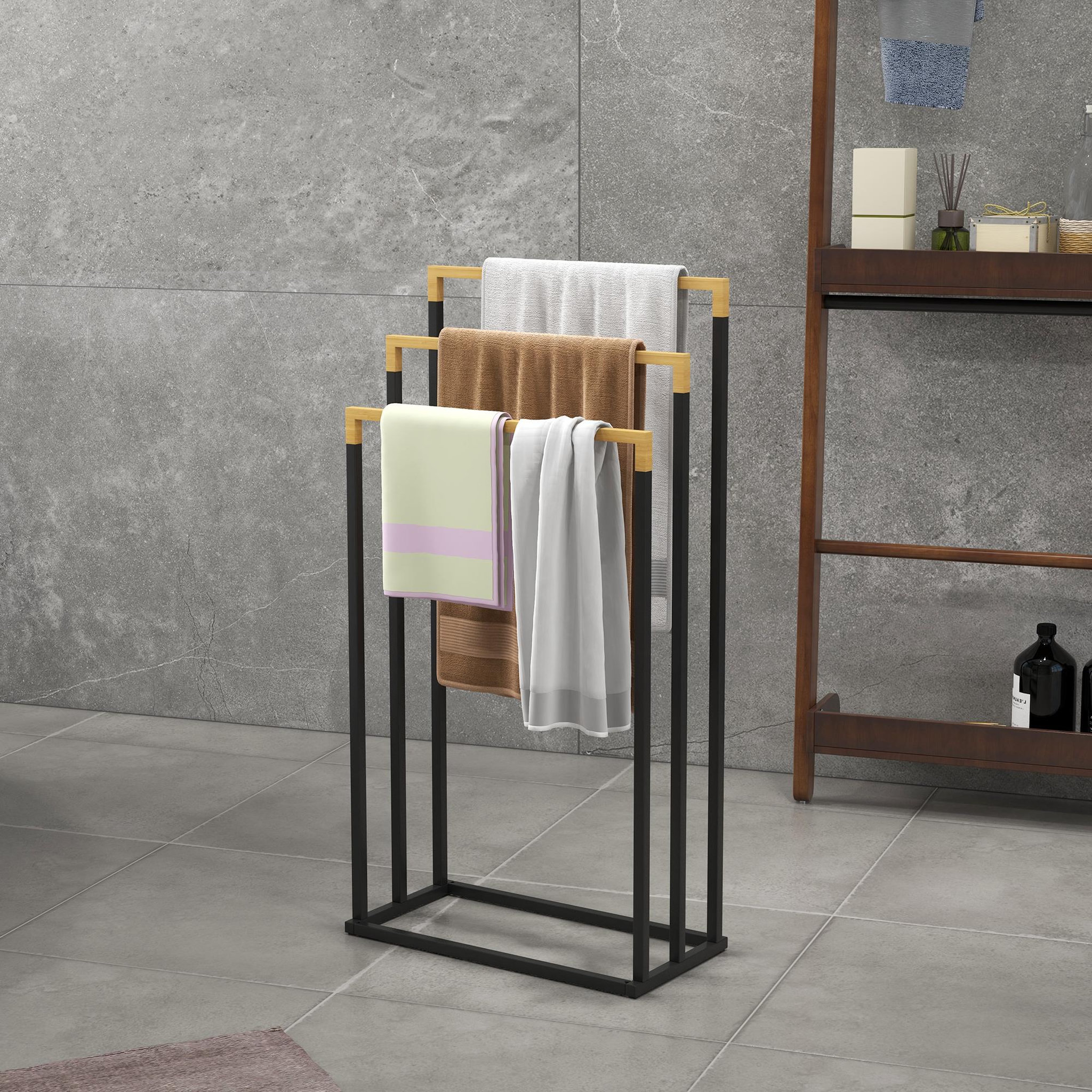 Voir la diapositive 2 : KLEANKIN Porte-serviette autoportant 3 barres - dim. 45l x 22l x 86h cm - bois bambou acier noir