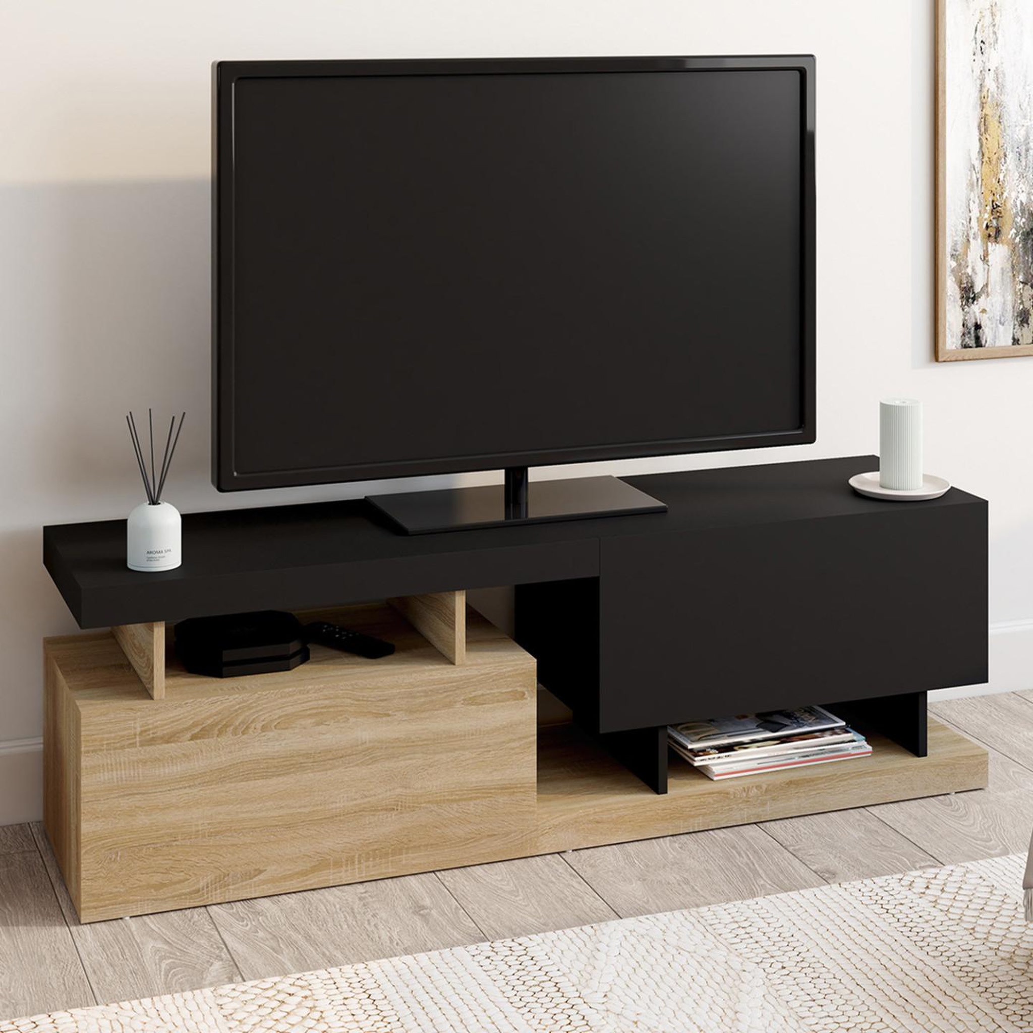 Voir la diapositive 2 : ID MARKET Meuble tv 140 cm angulo 2 portes effet bois et noir