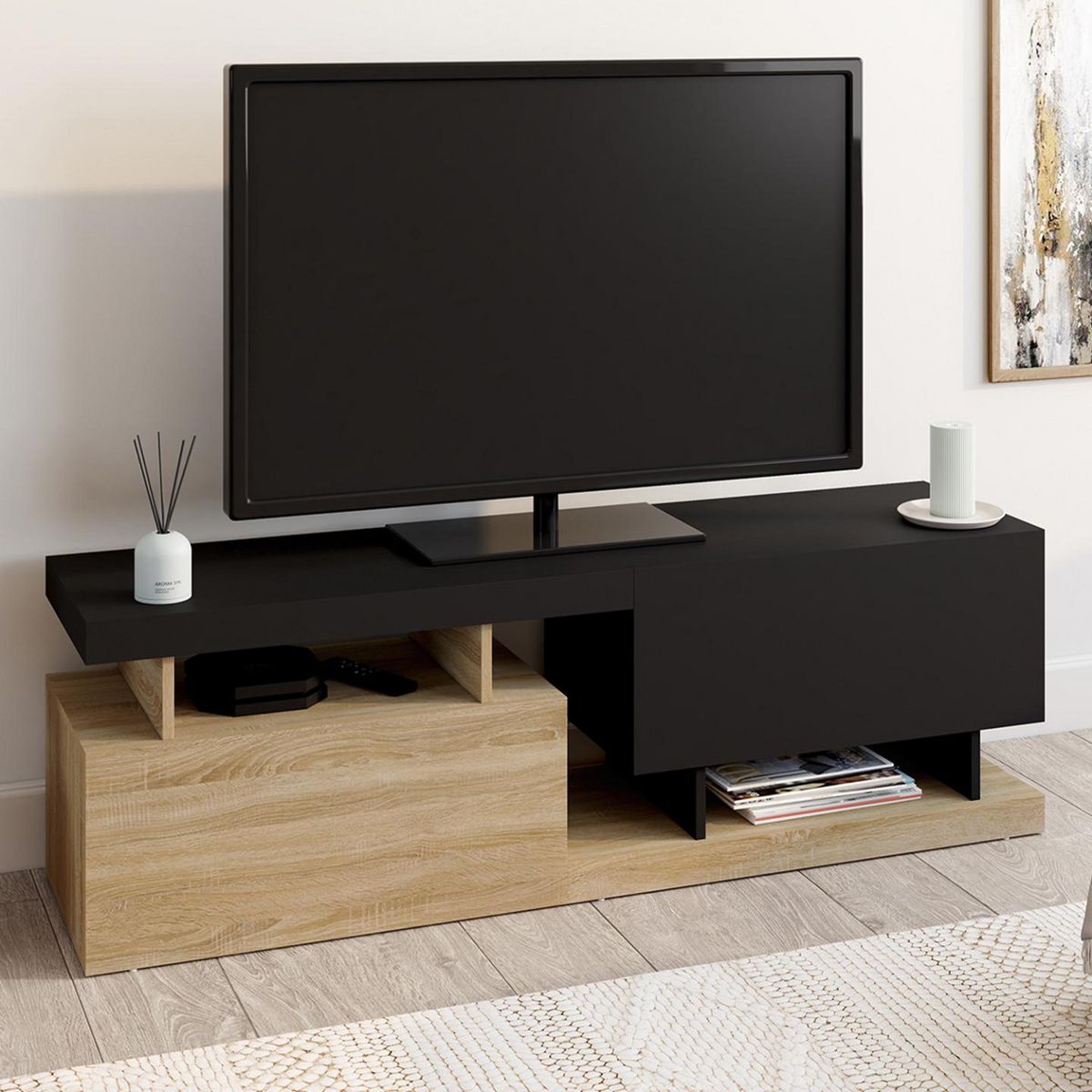 ID MARKET Meuble TV 140 cm ANGULO 2 portes effet bois et noir