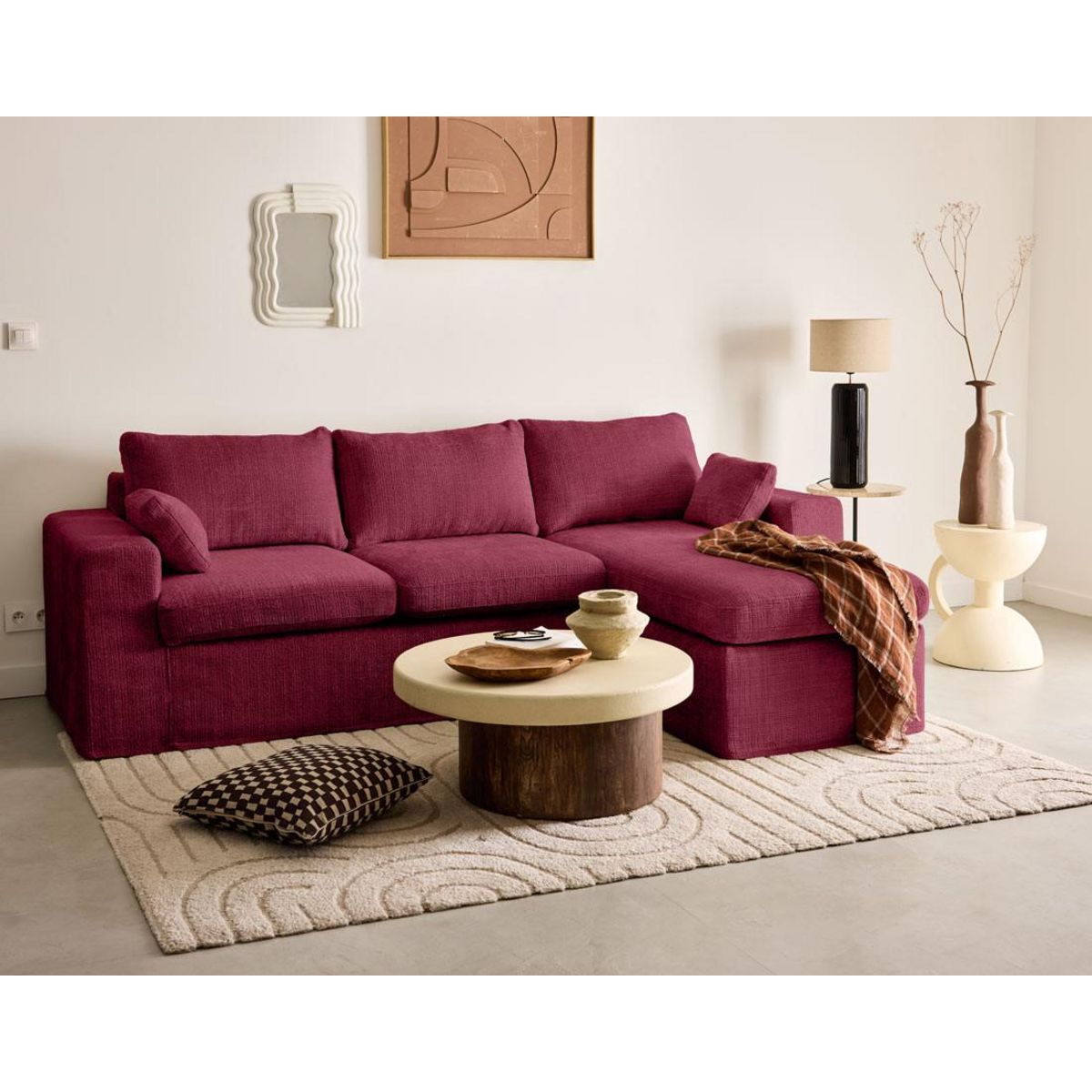 LISA DESIGN Calgary - canapé d'angle déhoussable et modulable 3 places + 1 pouf en velours texturé