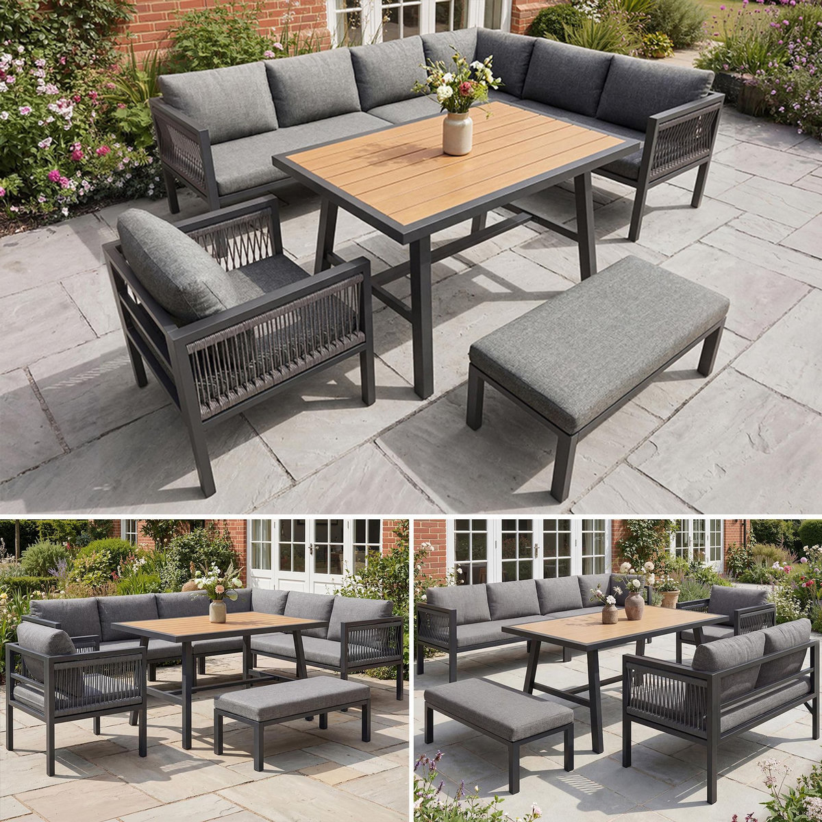 MERAX Salon de jardin 7 places avec canapé angle, fauteuil et pouf table