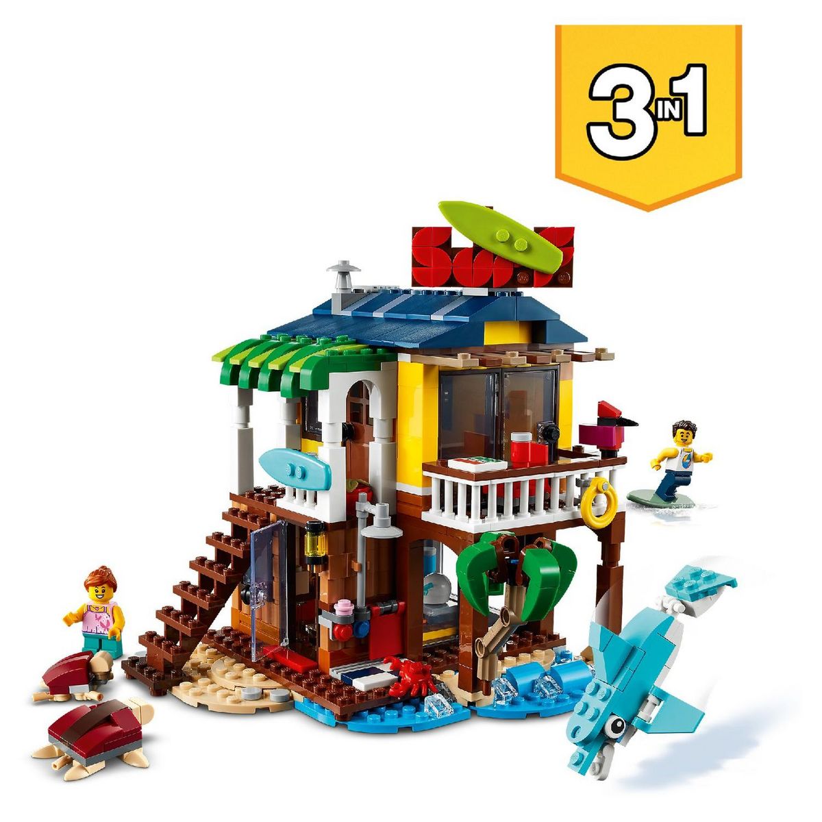 LEGO Creator 3-en-1 31118 La Maison sur la Plage du Surfeur, Jouet, Figurines Animaux Marins