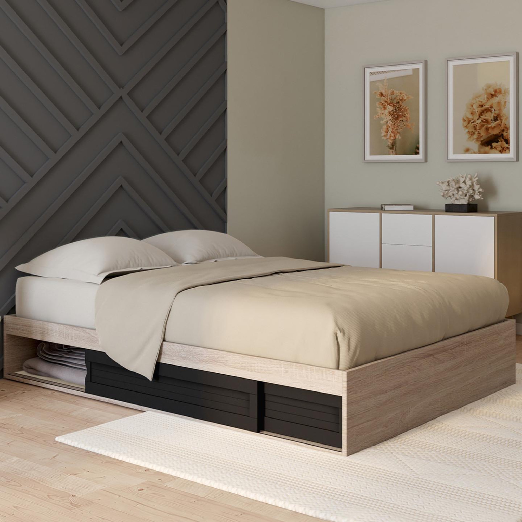 Voir la diapositive 2 : ID MARKET Cadre de lit double salem avec rangements et sommier 140 x 190 cm façon hêtre et noir