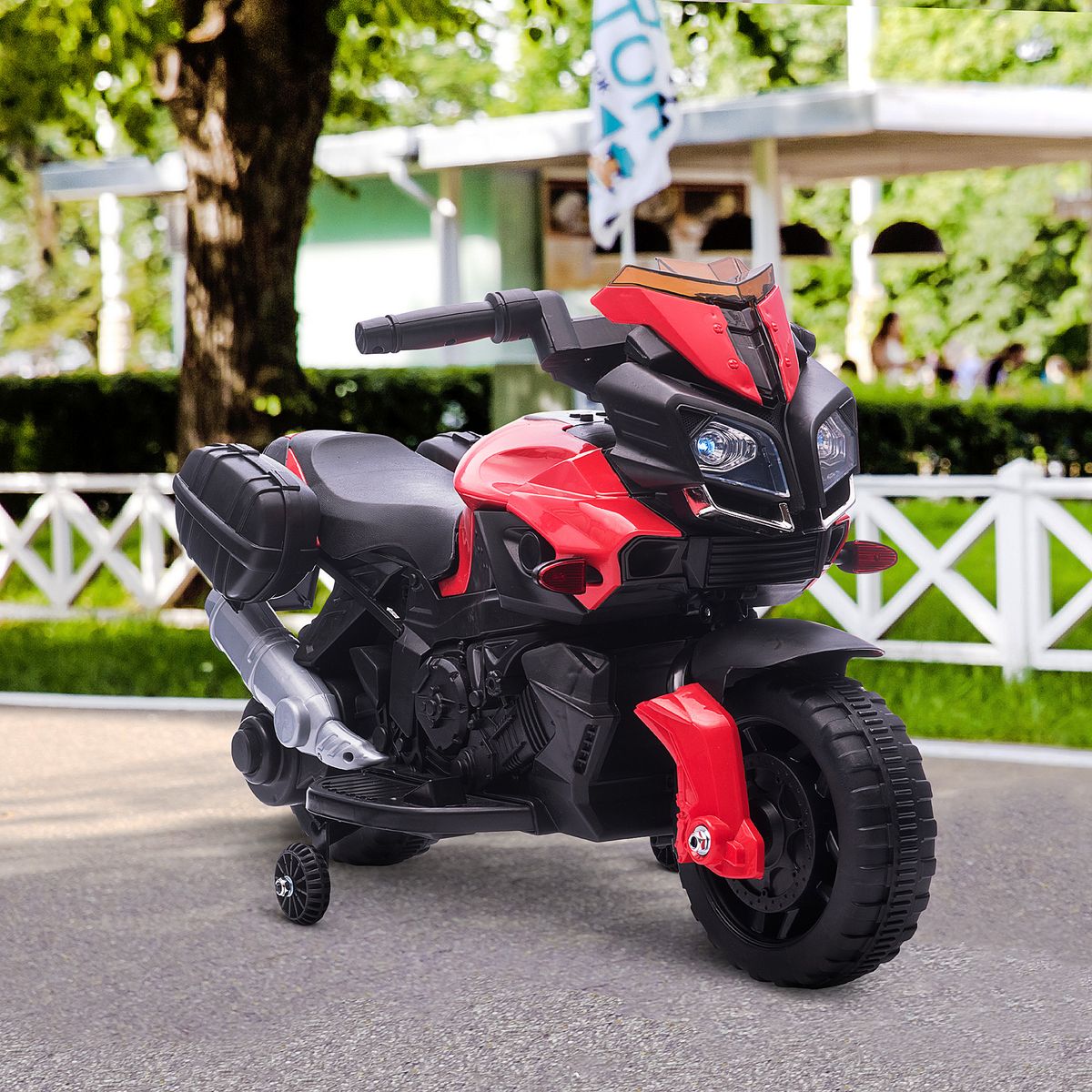 HOMCOM Moto électrique enfant 6 V 3 Km/h effet lumineux et sonore roulettes amovibles repose-pied valises latérales métal PP rouge noir