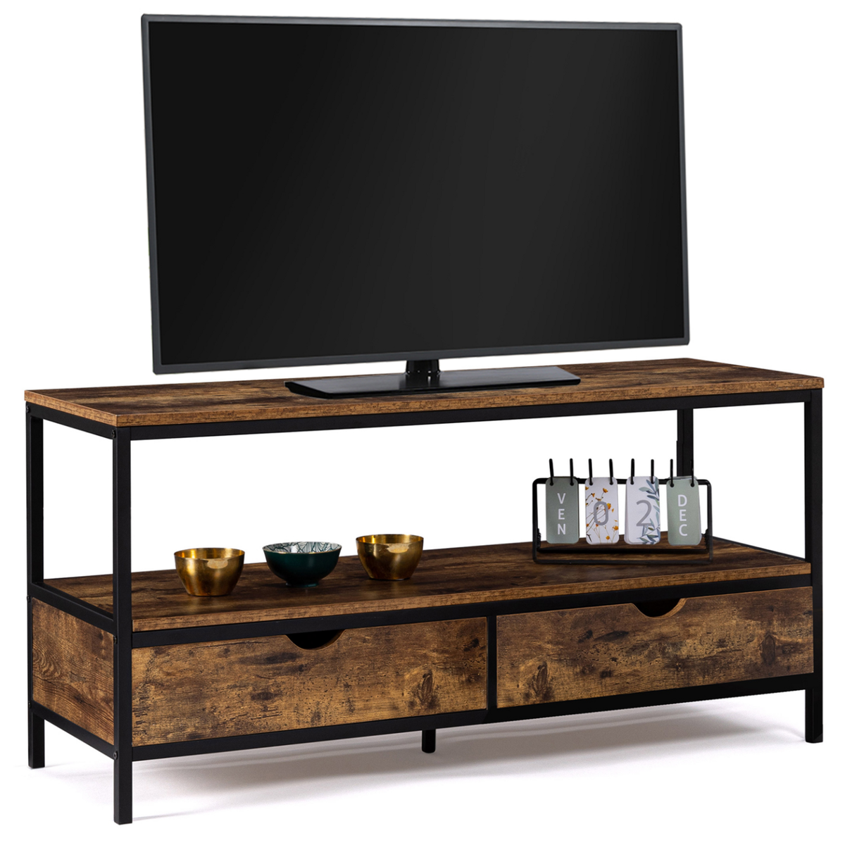 ID MARKET Meuble TV 113 cm DAYTON 2 tiroirs bois effet vieilli design industriel