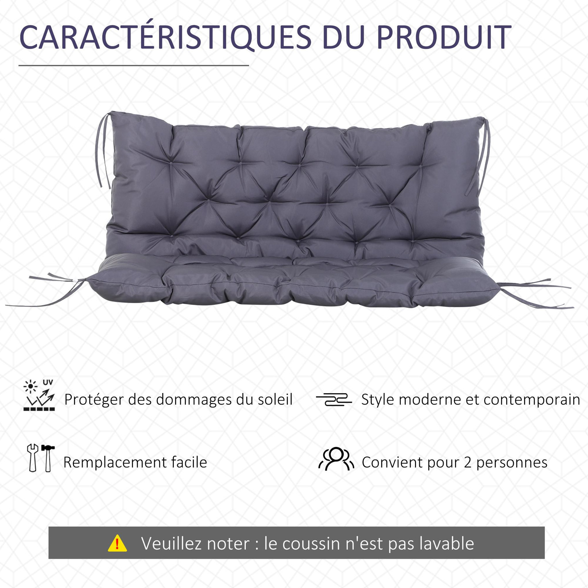 Voir la diapositive 6 : OUTSUNNY Coussin matelas assise dossier pour banc de jardin balancelle canapé 2 places grand confort 120 x 110 x 12 cm gris