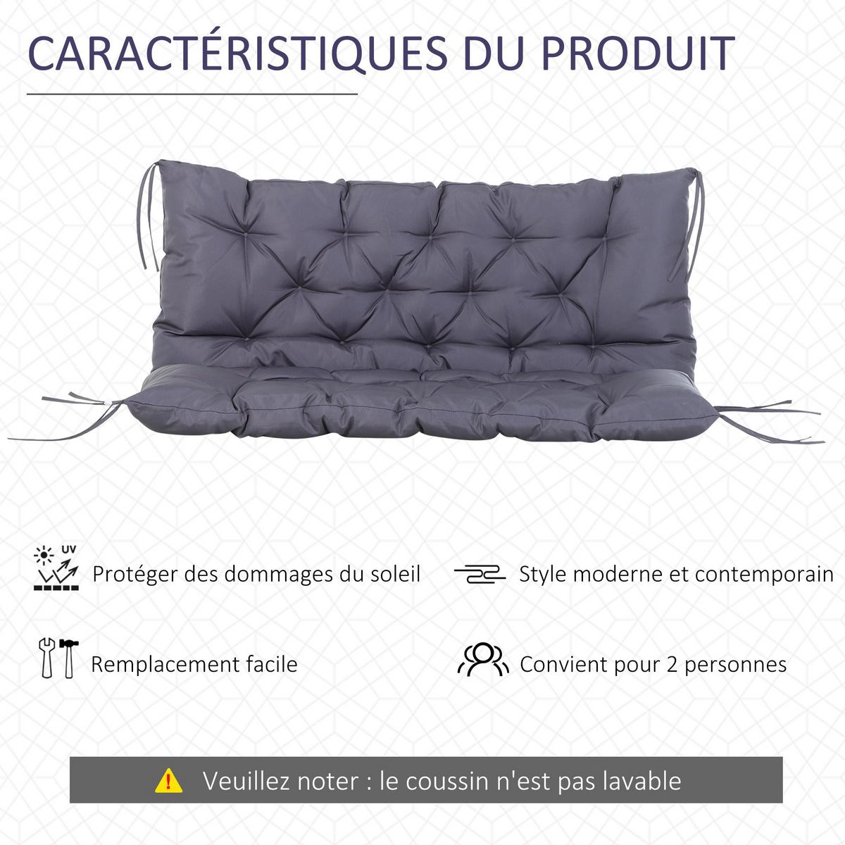 OUTSUNNY Coussin matelas assise dossier pour banc de jardin balancelle canapé 2 places grand confort 120 x 110 x 12 cm gris
