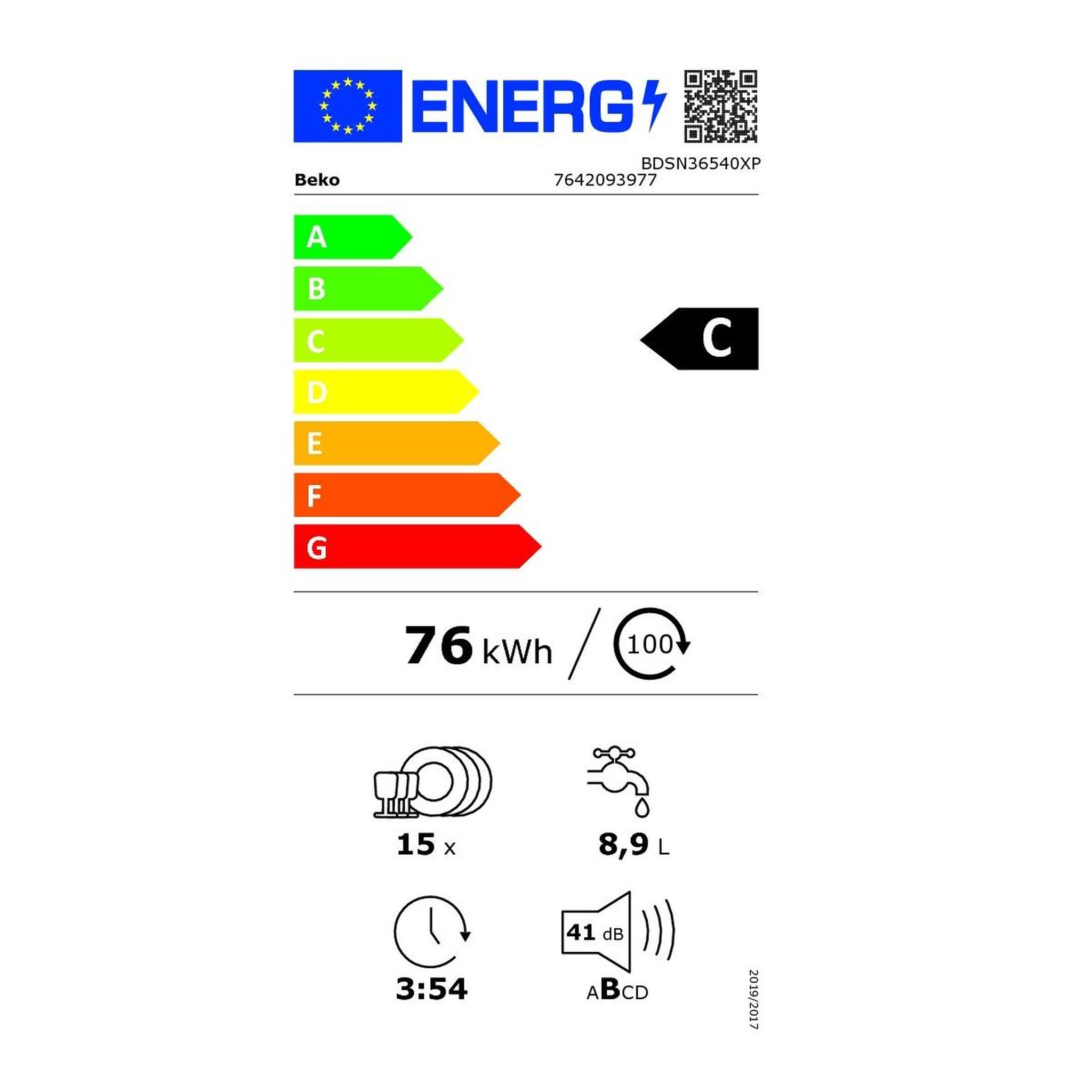 Voir la diapositive 2 : Beko Lave vaisselle 60cm 15 couverts 41db intégrable avec bandeau - BDSN36540XP