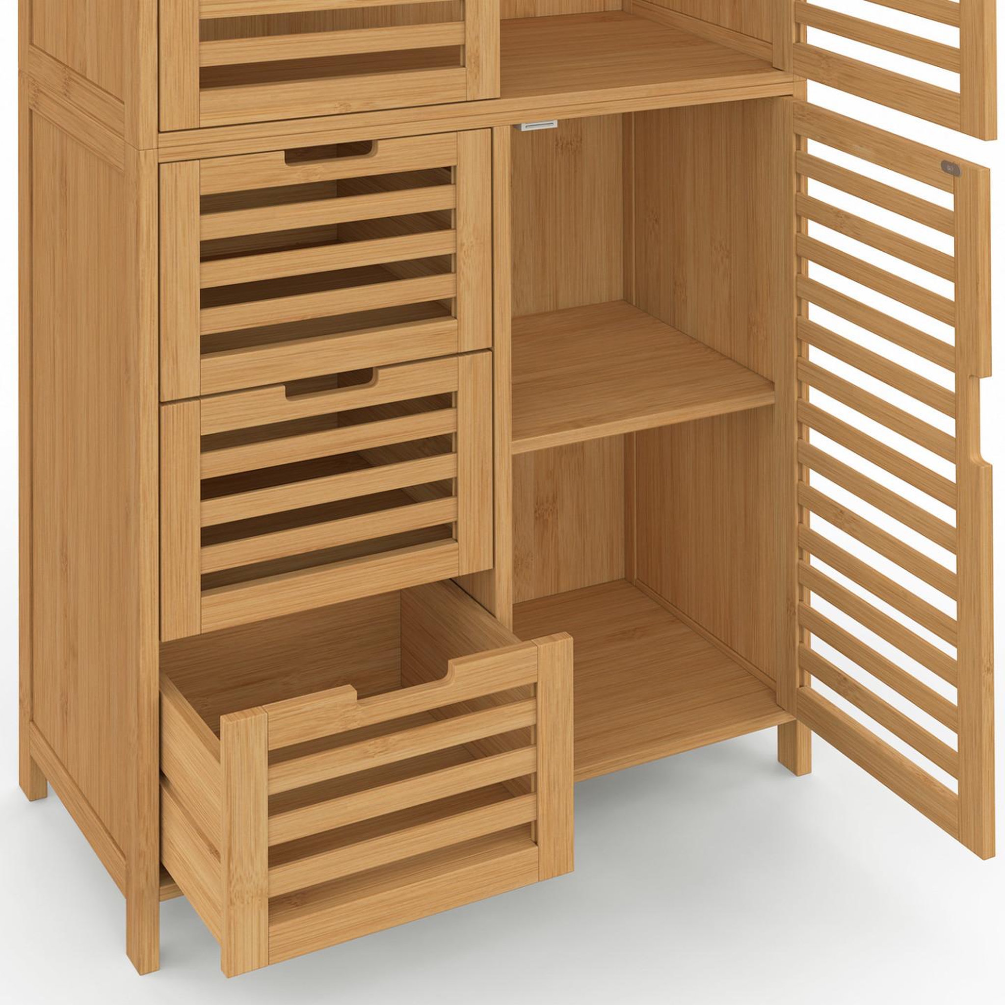Voir la diapositive 6 : ID MARKET Meuble armoire colonne salle de bain bambou BEA 3 portes et 3 tiroirs