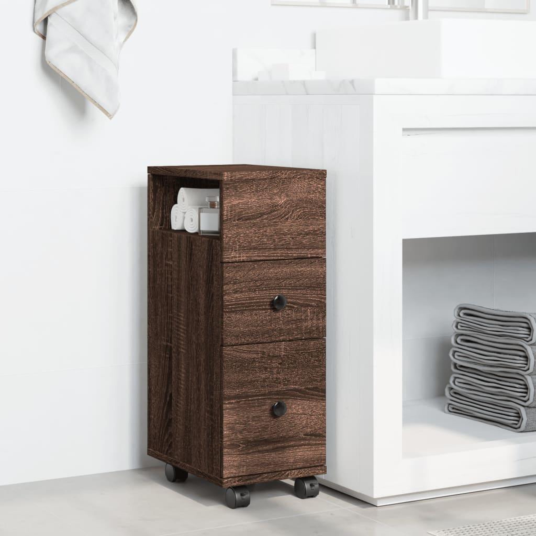 Voir la diapositive 3 : VIDAXL Meuble etroit de salle de bain a roulettes chene marron