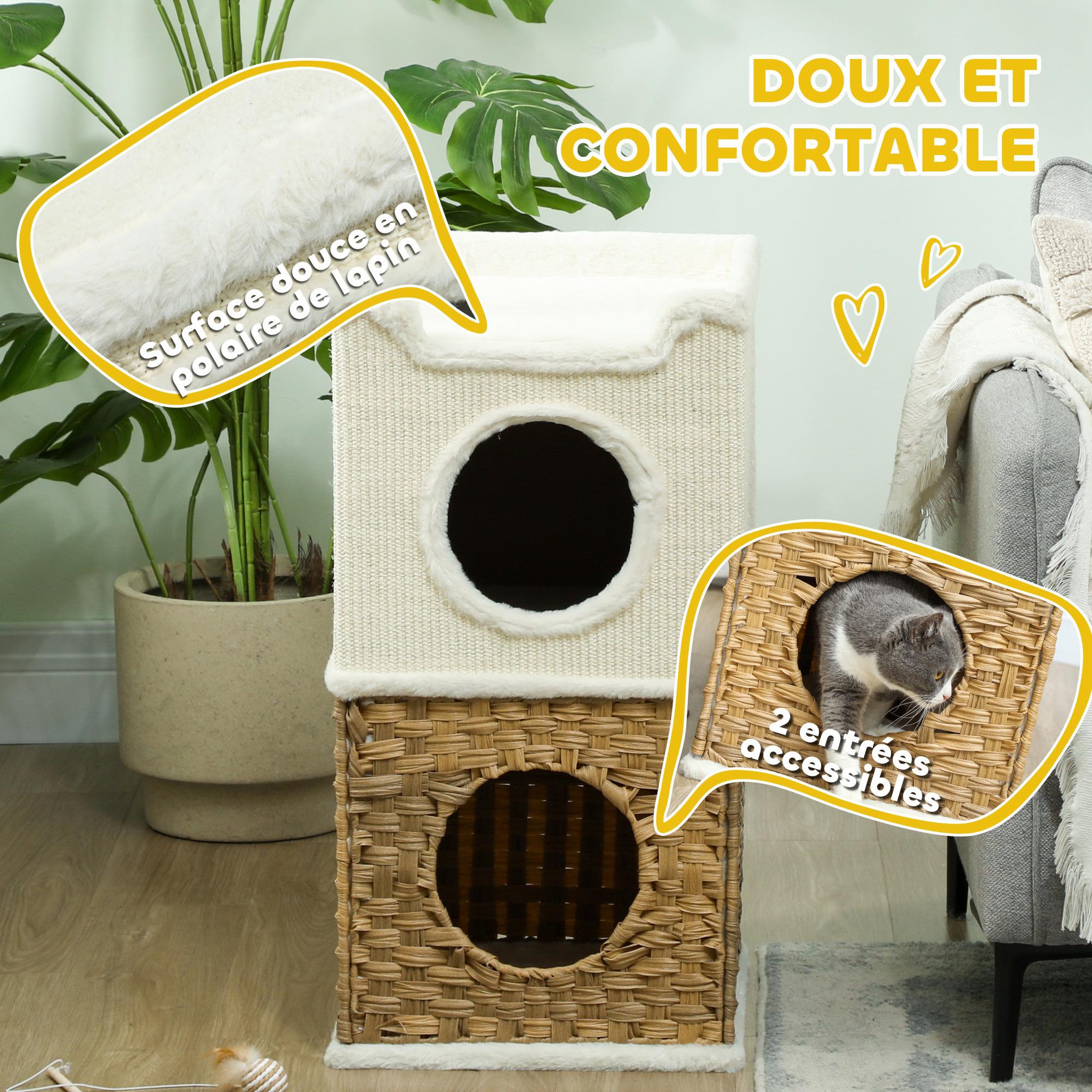 Voir la diapositive 5 : PAWHUT Tour à griffer pour chat 3 niveaux - 2 niches, panier observation- h.75,5 cm - résine tressée sisal