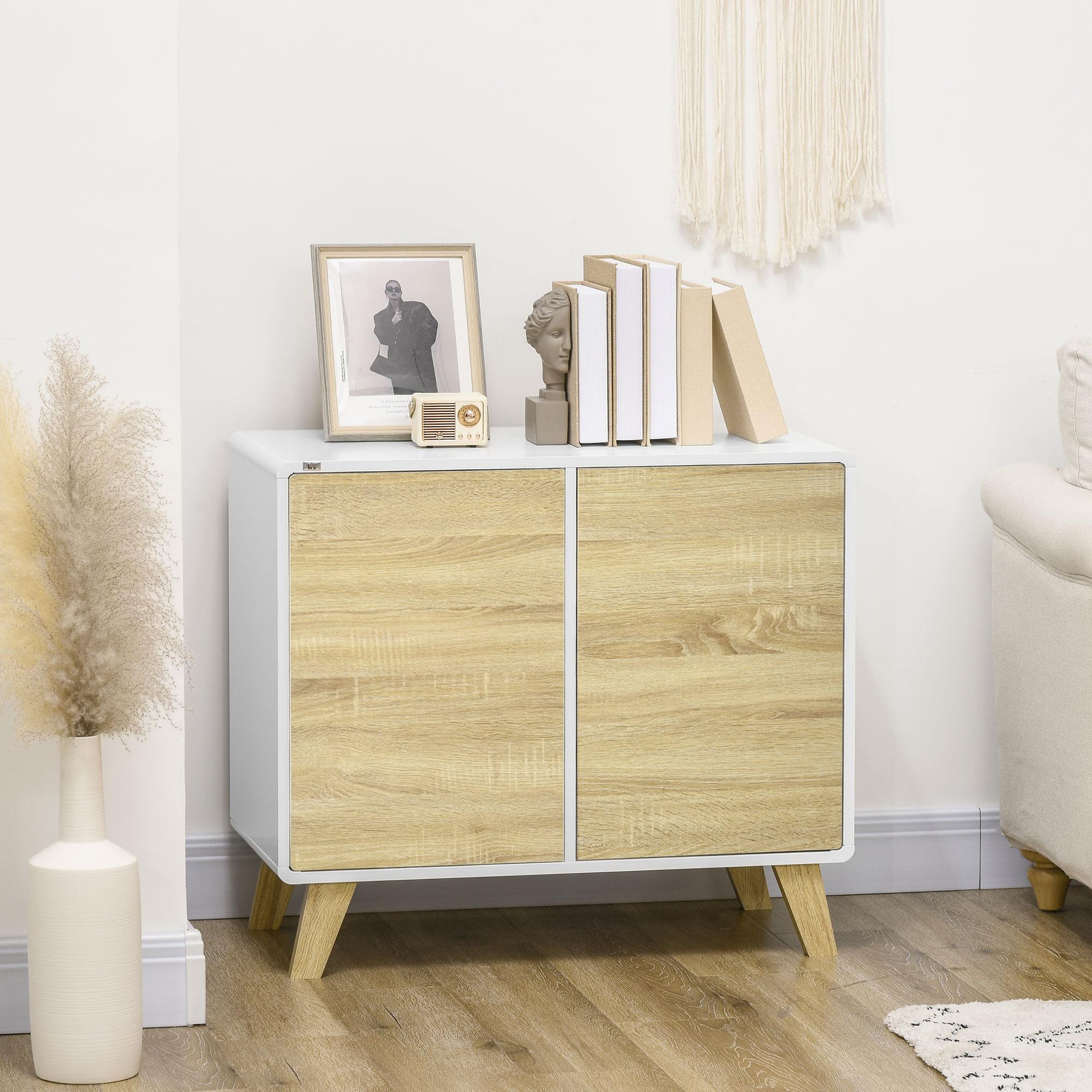 Voir la diapositive 2 : HOMCOM Buffet rangement design scandinave 2 portes avec étagère MDF panneaux blanc aspect chêne clair