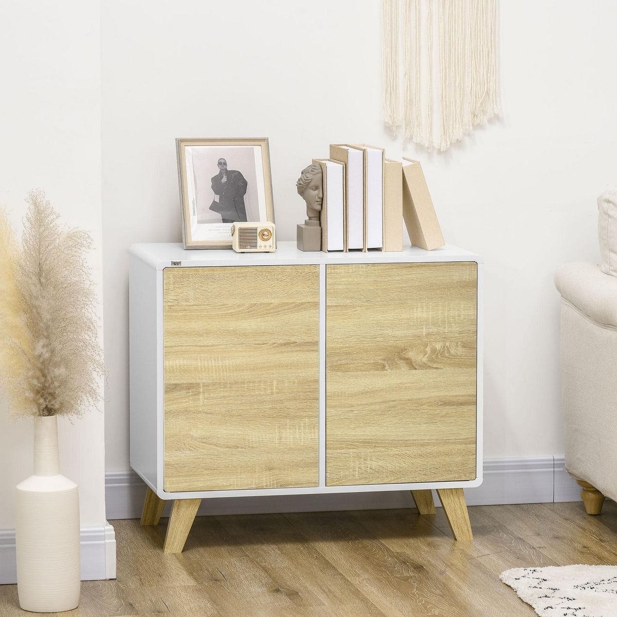 HOMCOM Buffet rangement design scandinave 2 portes avec étagère MDF panneaux blanc aspect chêne clair