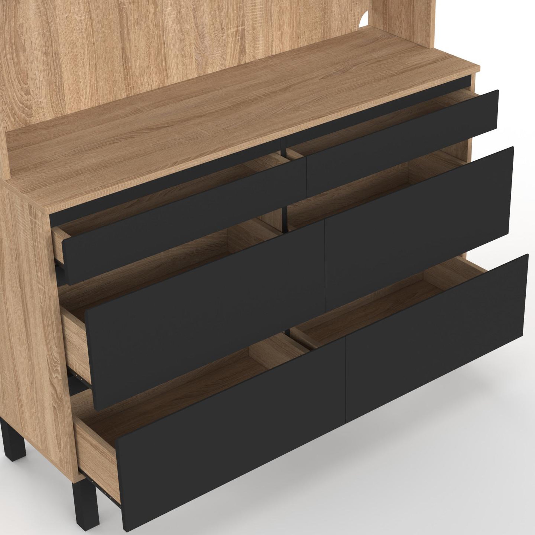 Voir la diapositive 6 : ID MARKET Buffet double casserolier de cuisine 120 cm claude 6 tiroirs + 1 placard bois et noir