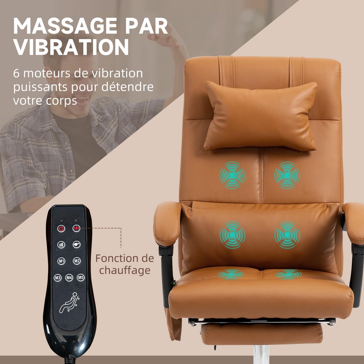 VINSETTO Fauteuil de bureau direction massant hauteur réglable dossier inclinable repose-pied intégré revêtement synthétique camel