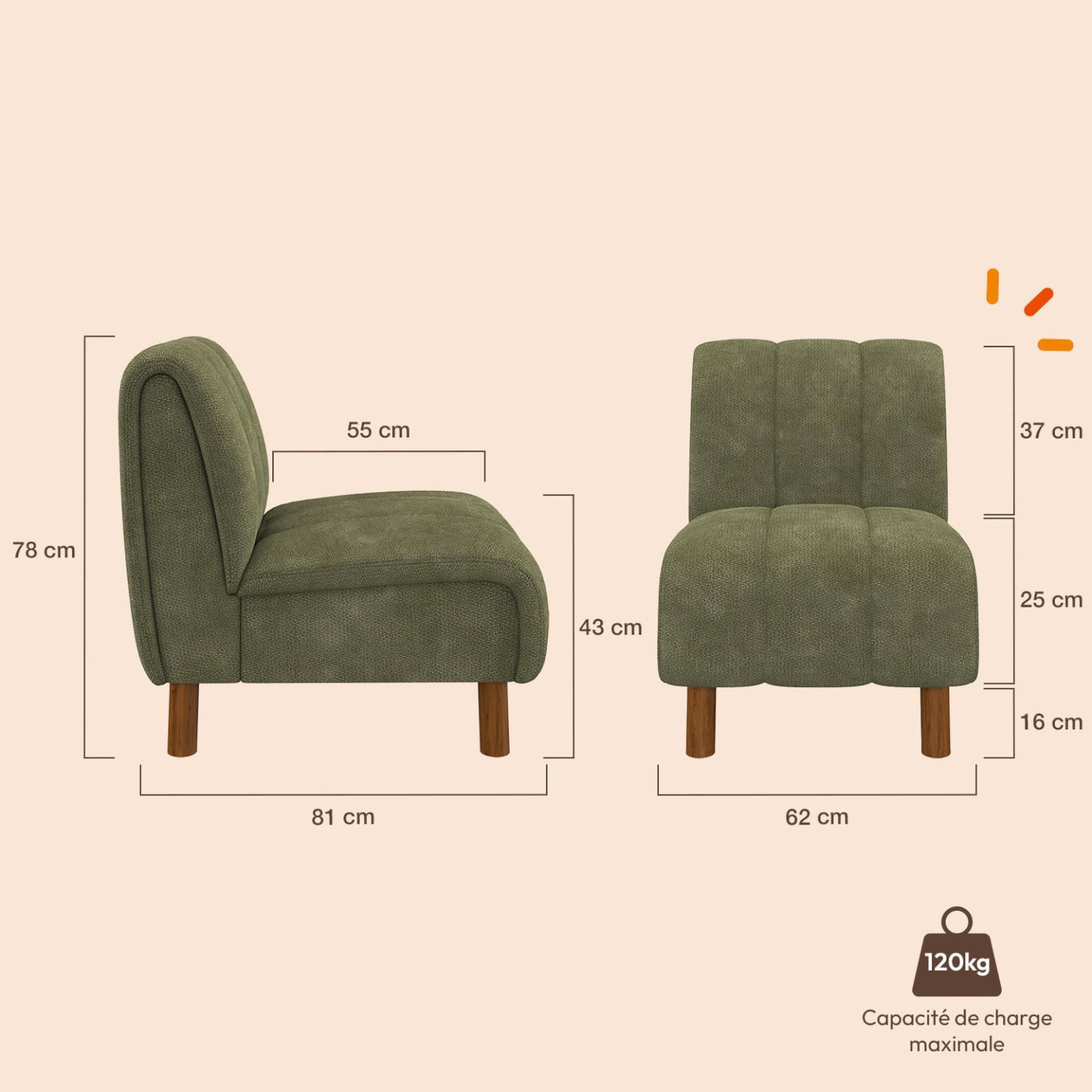 Voir la diapositive 5 : ID MARKET Fauteuil HECTOR tissu chenille vert et pieds arrondis effet noyer