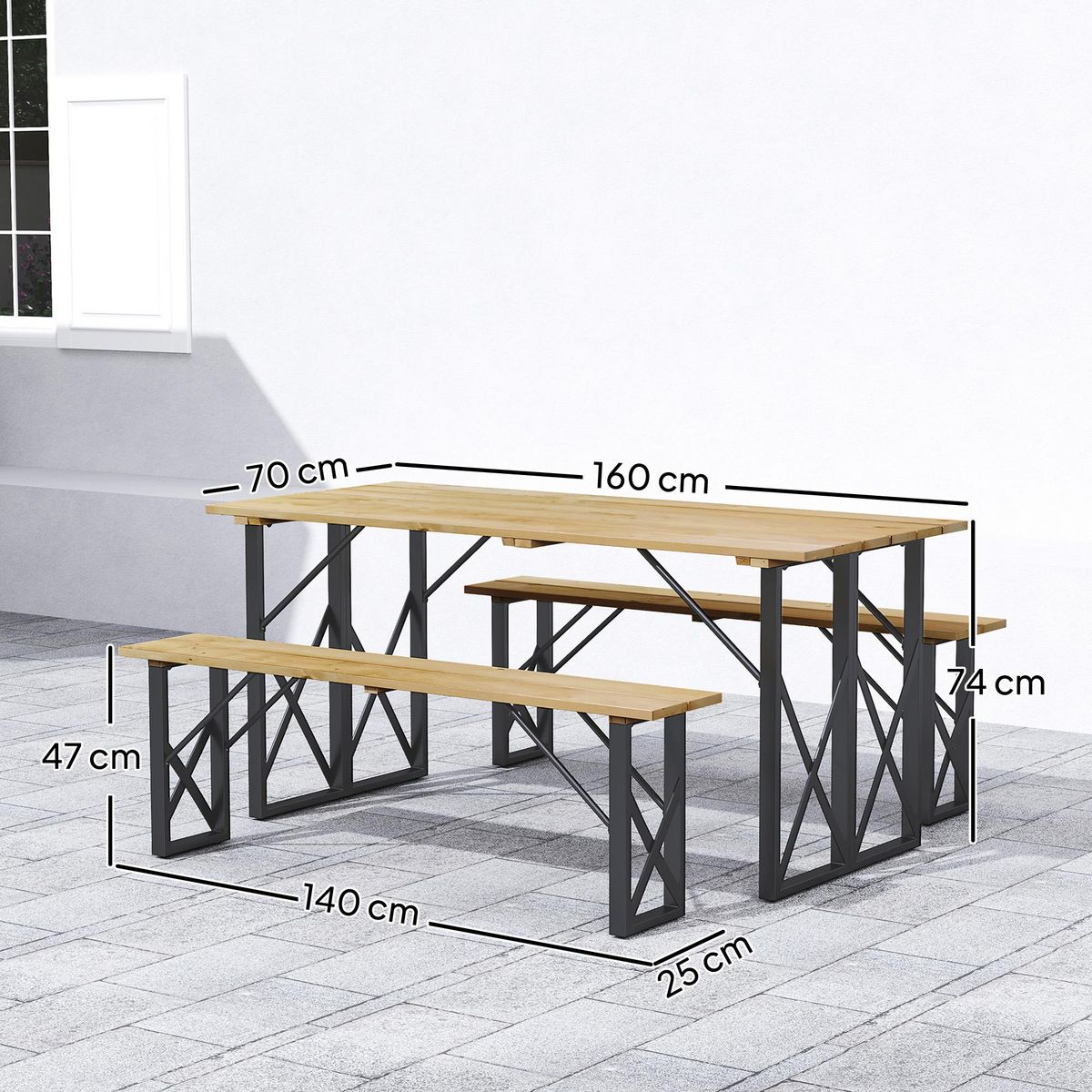 OUTSUNNY Ensemble table et 2 bancs en bois 6 personnes - table 160 cm avec espace parasol - acier épicéa