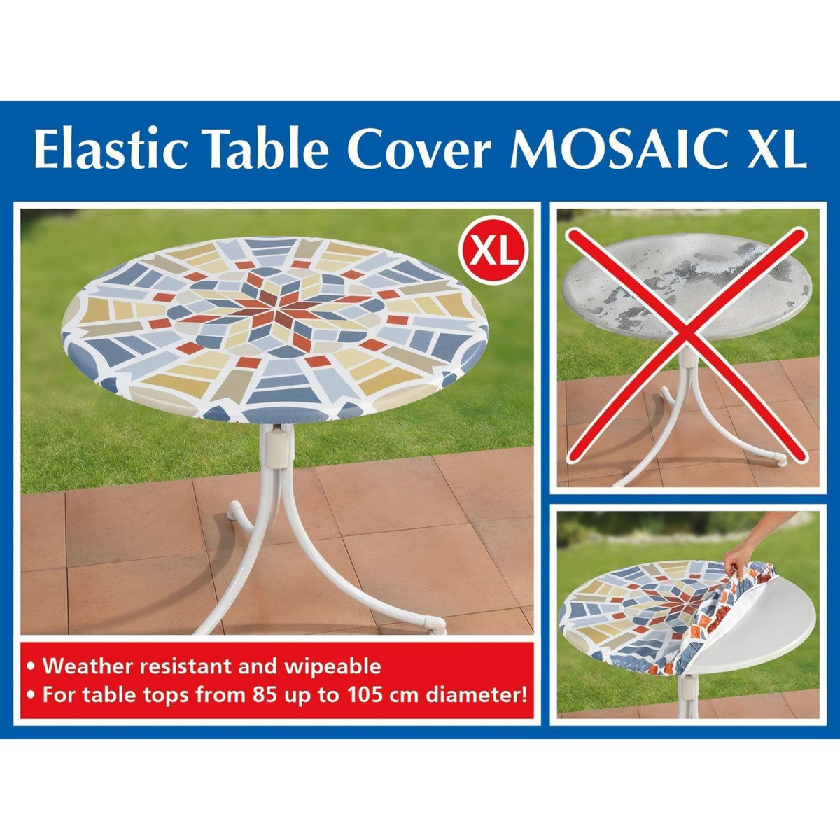 Wenko Housse de table élastique Mosaïque XL - Bleu, Vert et Rouge