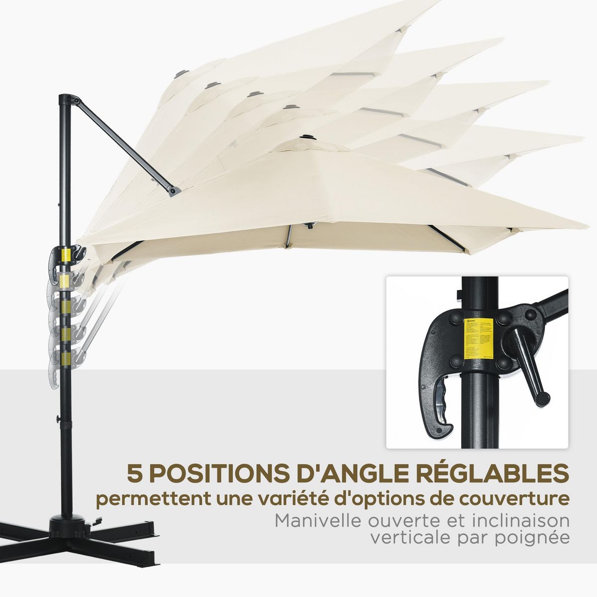 OUTSUNNY Parasol déporté carré inclinable manivelle avec pied en acier dim. 2,45L x 2,45l x 2,45H m métal alu. polyester haute densité beige