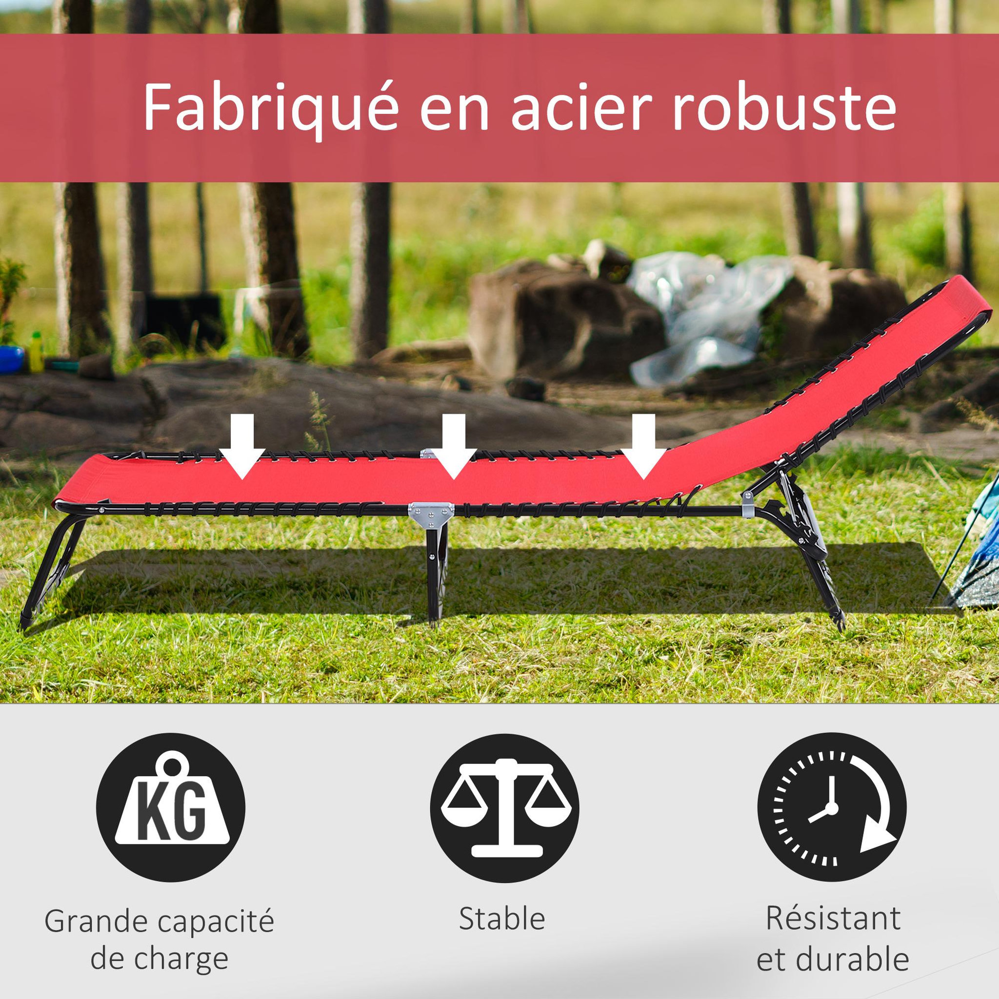 Voir la diapositive 4 : OUTSUNNY Bain de soleil transat pliable dossier inclinable multi-positions acier thermoplastique lacets élastiques noir textilène rouge
