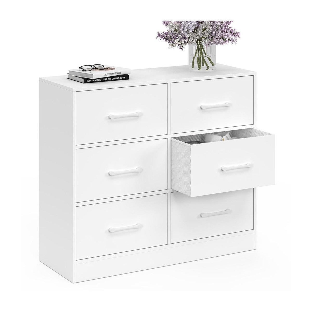 ID MARKET Commode 6 tiroirs en tissu UPPAH 80 cm meuble de rangement bois blanc