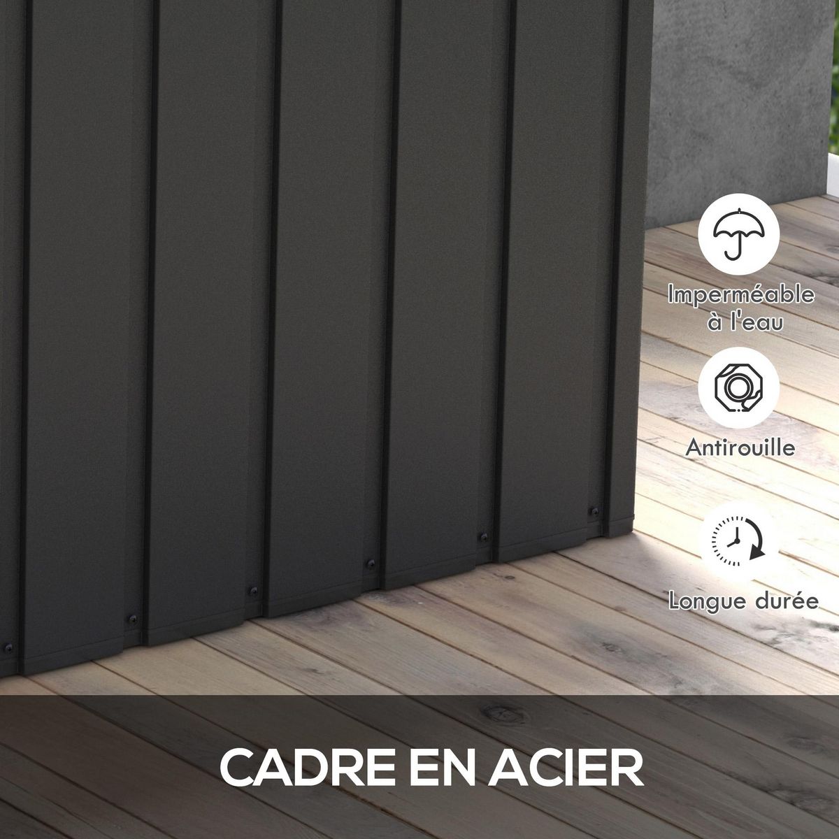 OUTSUNNY Coffre de rangement jardin capacité 450L - vérin à gaz, roulettes, poignée - acier PP anthracite