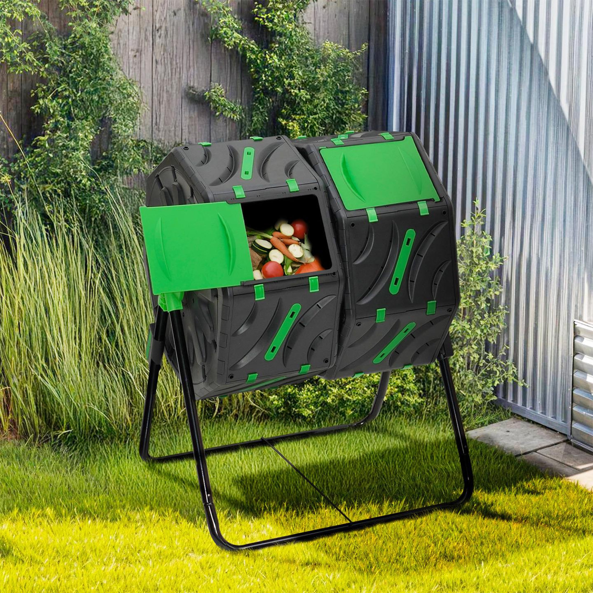 Voir la diapositive 2 : ID MARKET Bac de compostage rotatif double bac 140l