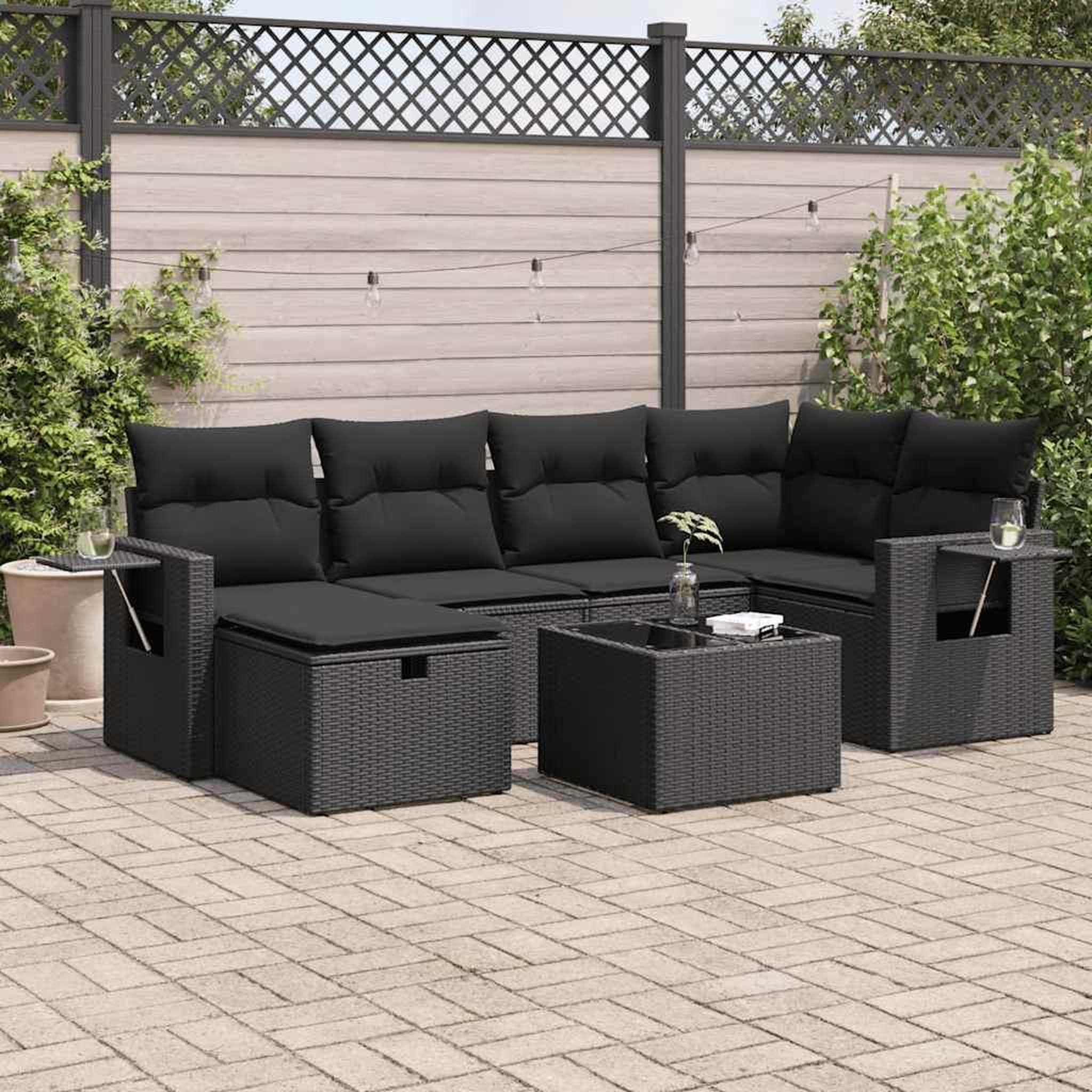 VIDAXL Salon de jardin 7 pcs avec coussins noir resine tressee