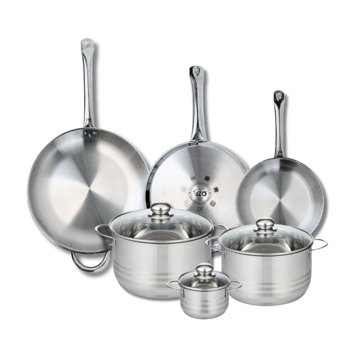 ELO Ensemble de 3 Poêles de cuisson 24, 28 et 32 cm et 3 faitouts 12, 20 et 24 cm Elo Profi Brillant