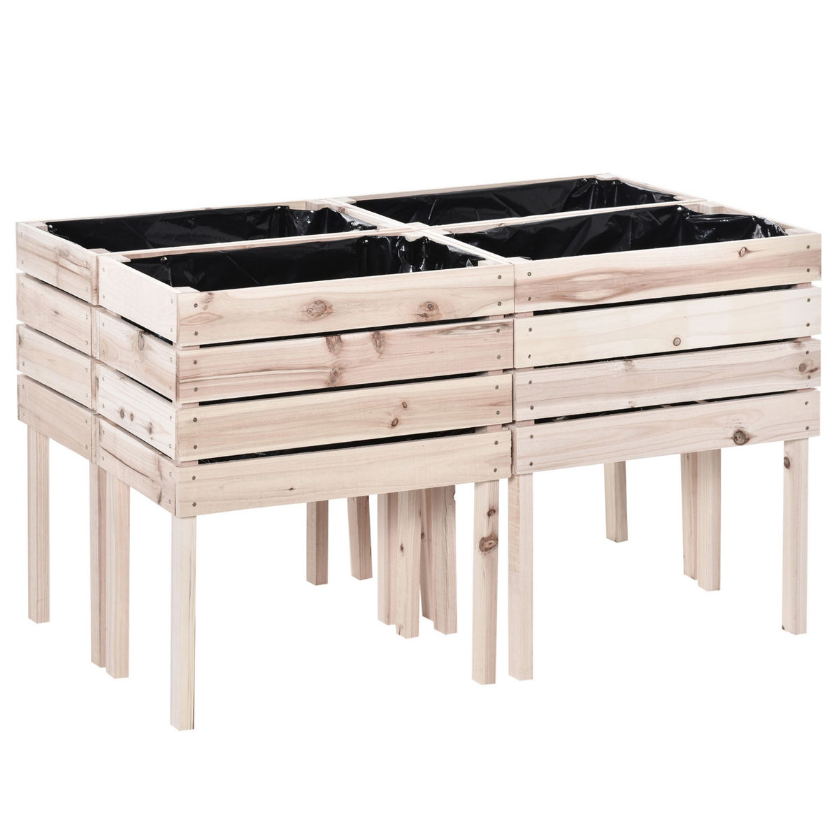 OUTSUNNY Jardinières sur pieds carrés potagers - lot de 4 jardinières sur pied modulables - dim. 50L x 30l x 60H cm - inserts d'irrigation film protecteur - bois sapin naturel