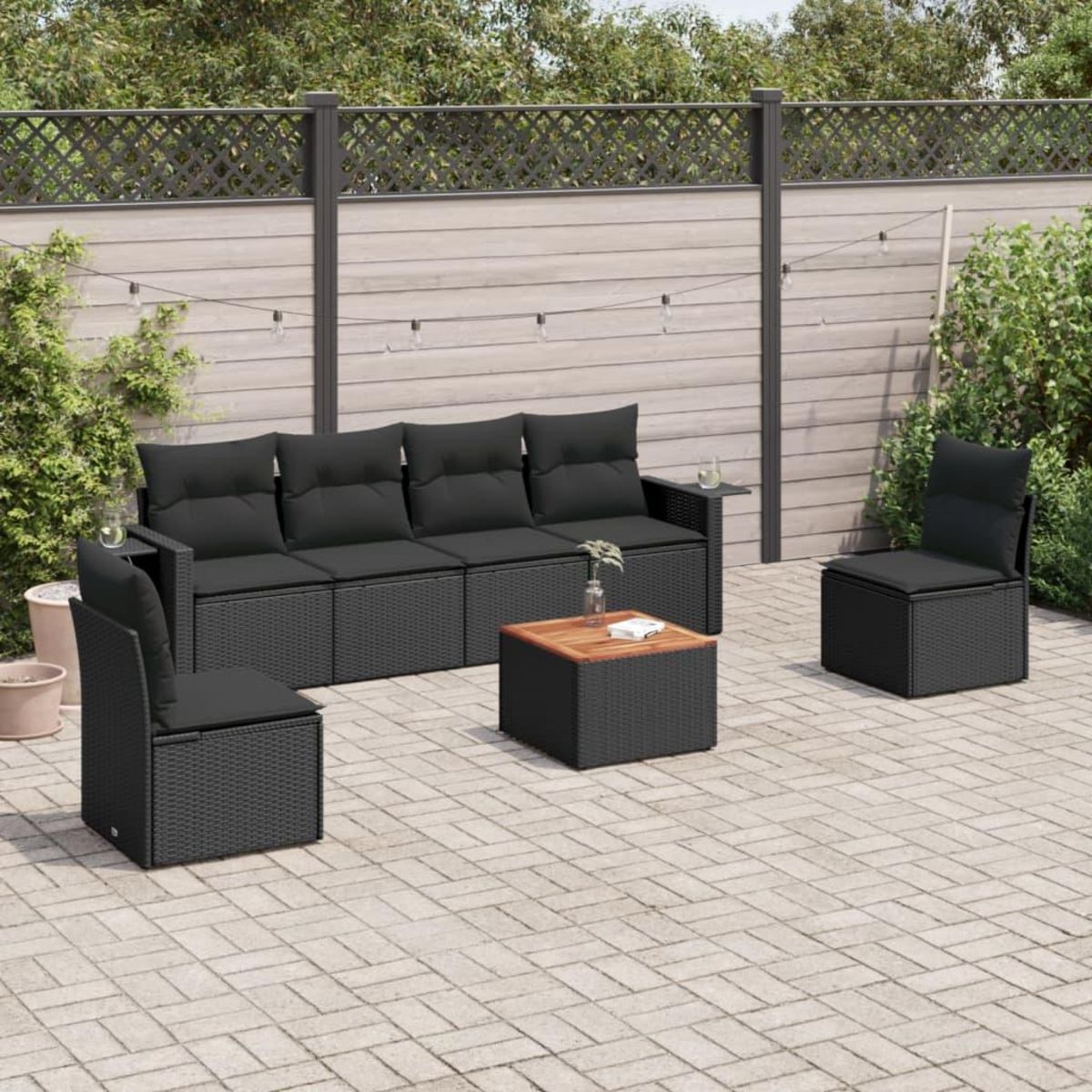 VIDAXL Salon de jardin 7 pcs avec coussins noir resine tressee