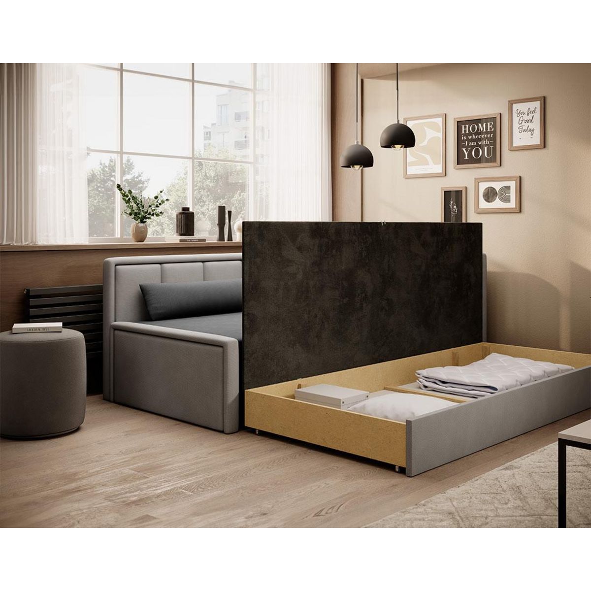 BEST MOBILIER James - canapé 3 places droit convertible avec coffre en velours