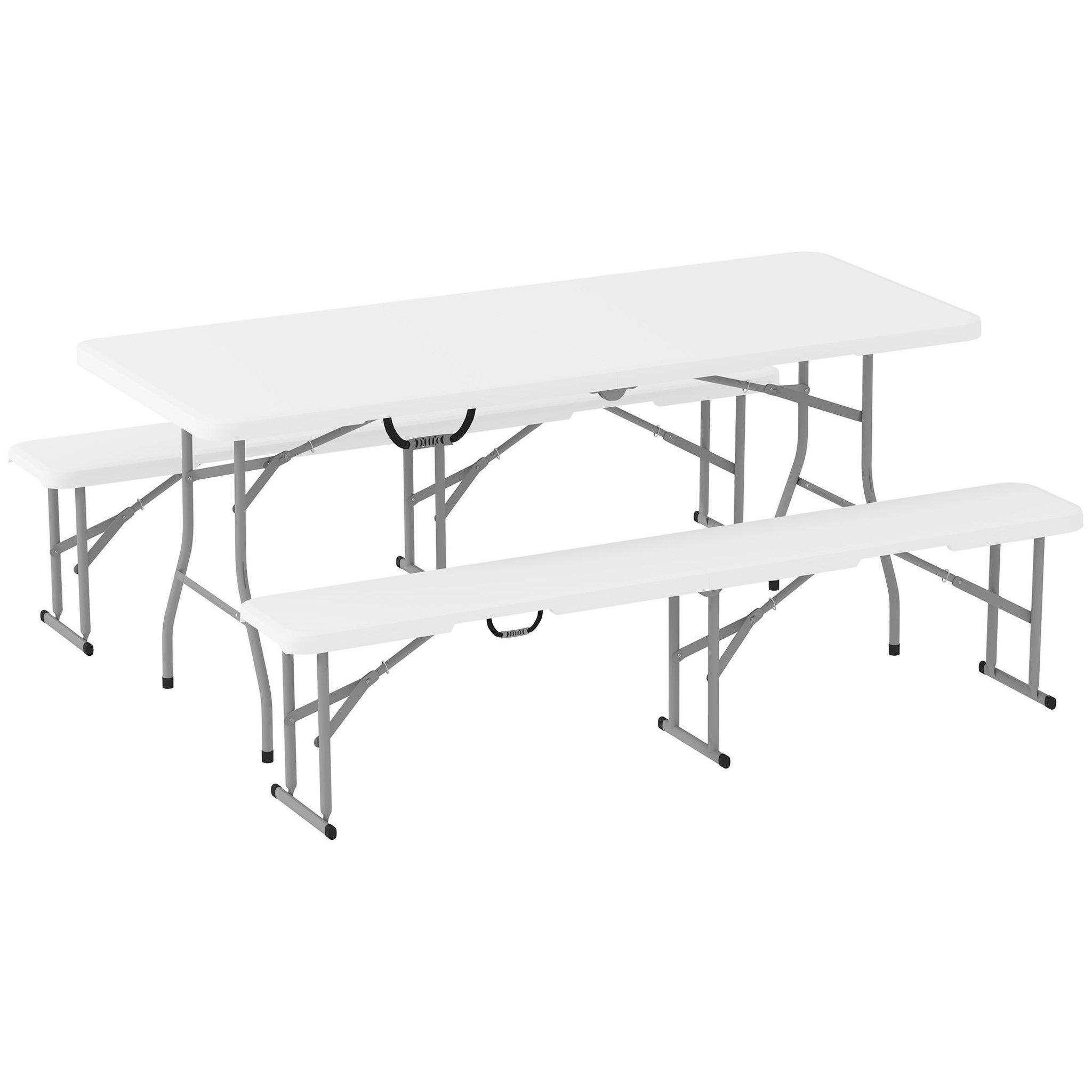 Voir la diapositive 1 : OUTSUNNY Ensemble table 2 bancs pliables avec poignées - usage pique-nique camping - métal époxy hdpe blanc