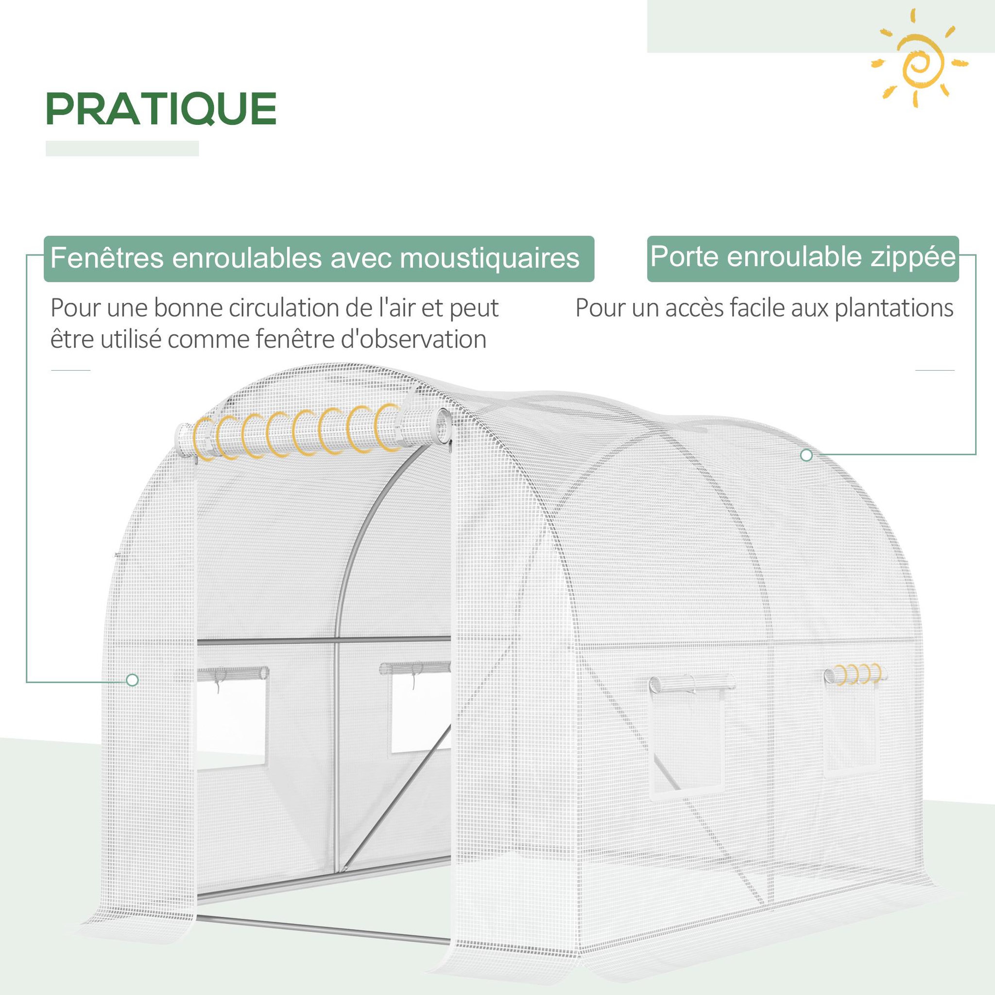 Voir la diapositive 5 : OUTSUNNY Serre de jardin tunnel 6 m² 3l x 2l x 1,9h m acier galvanisé renforcé diamètre 2,4 cm + pe haute densité fenêtres porte blanc