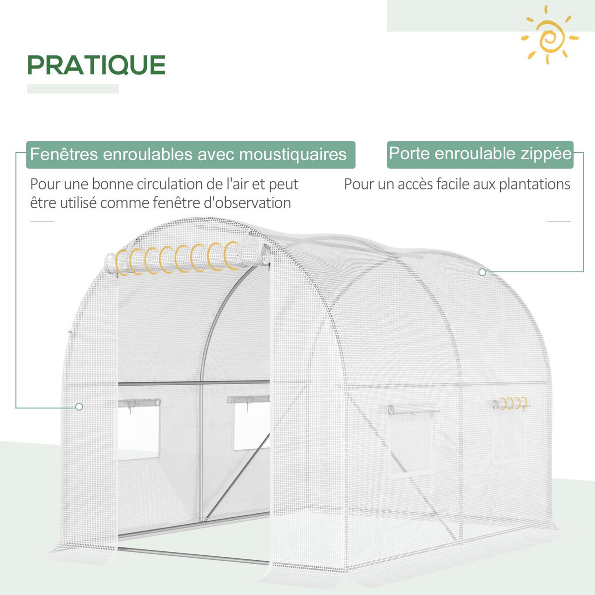 OUTSUNNY Serre de jardin tunnel 6 m² 3L x 2l x 1,9H m acier galvanisé renforcé diamètre 2,4 cm + PE haute densité fenêtres porte blanc