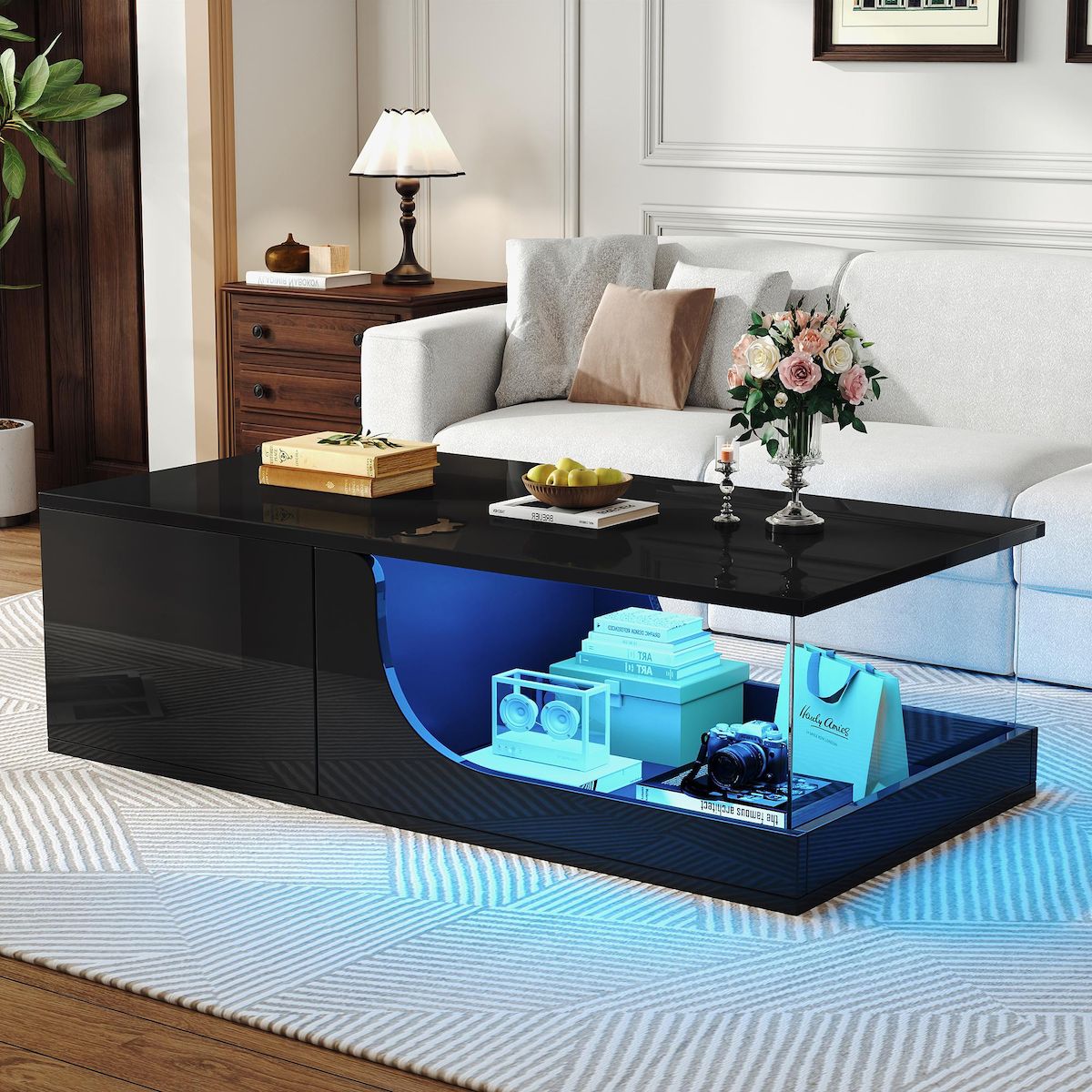 MERAX Table basse rectangulaire noir avec 2 tiroirs - 50x100 cm led mdf