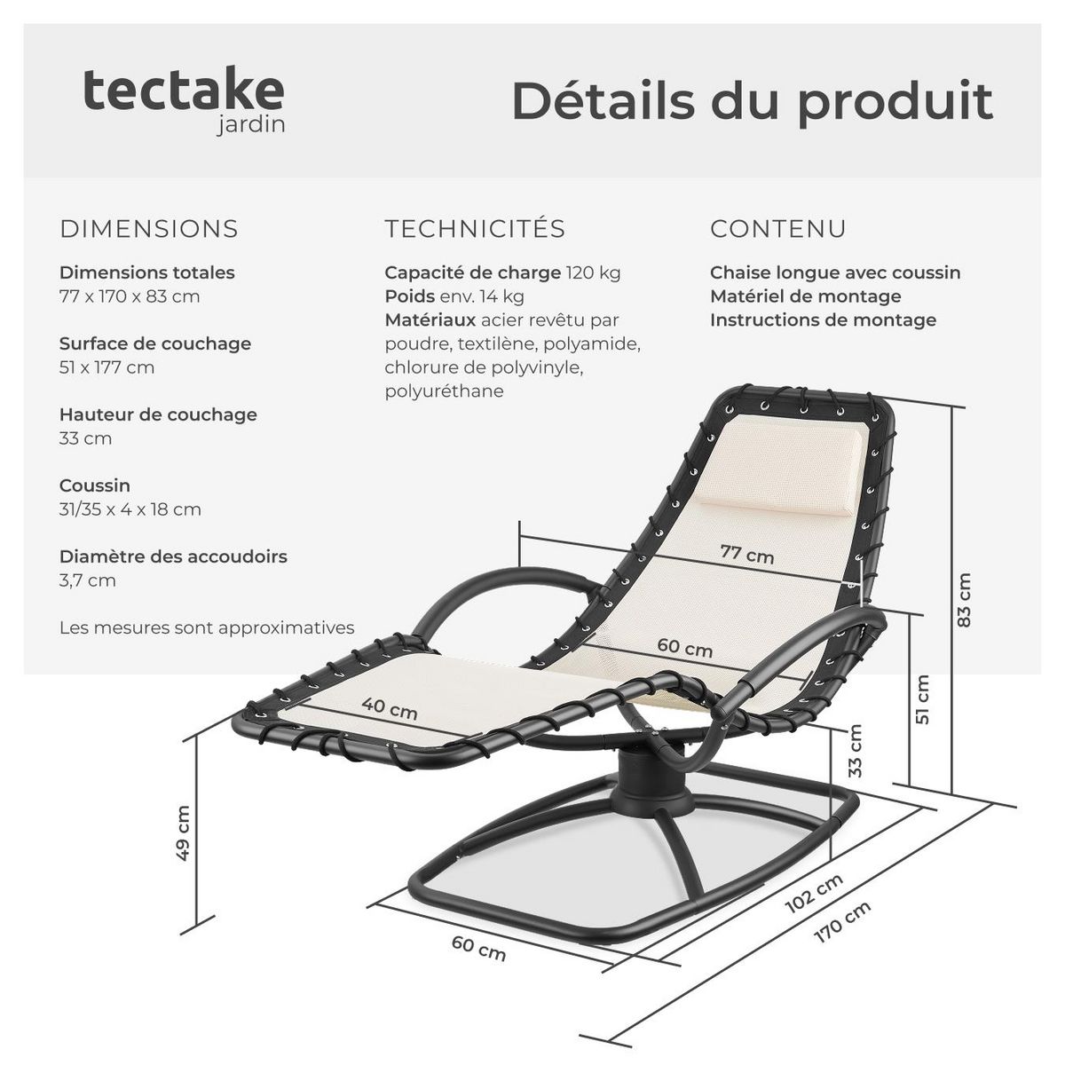 tectake Chaise longue de jardin ergonomique avec mouvement de balancement confortable beige