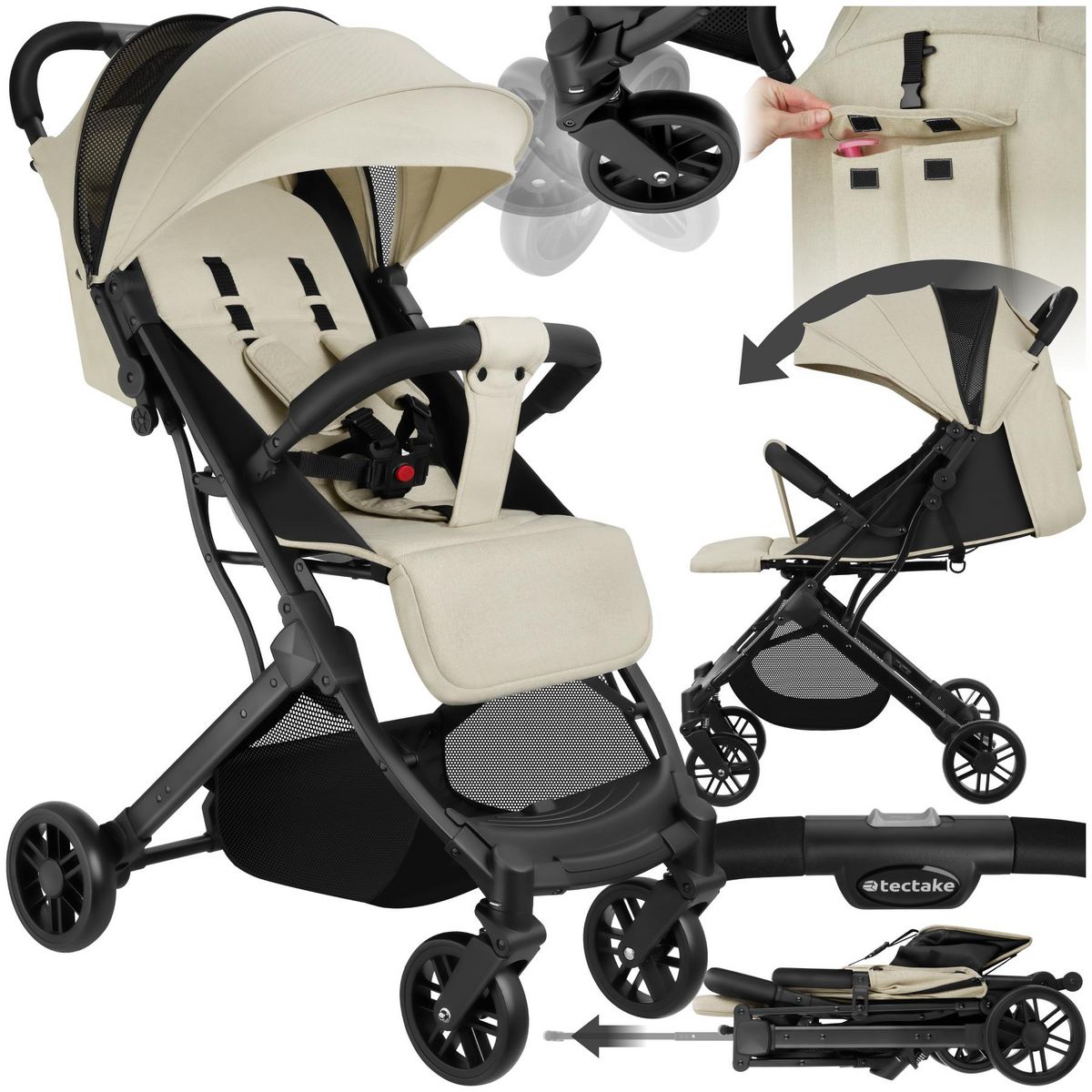 tectake Poussette buggy pliage à une main avec harnais à 5 points, frein de stationnement et arceau de sécurité gris/beige