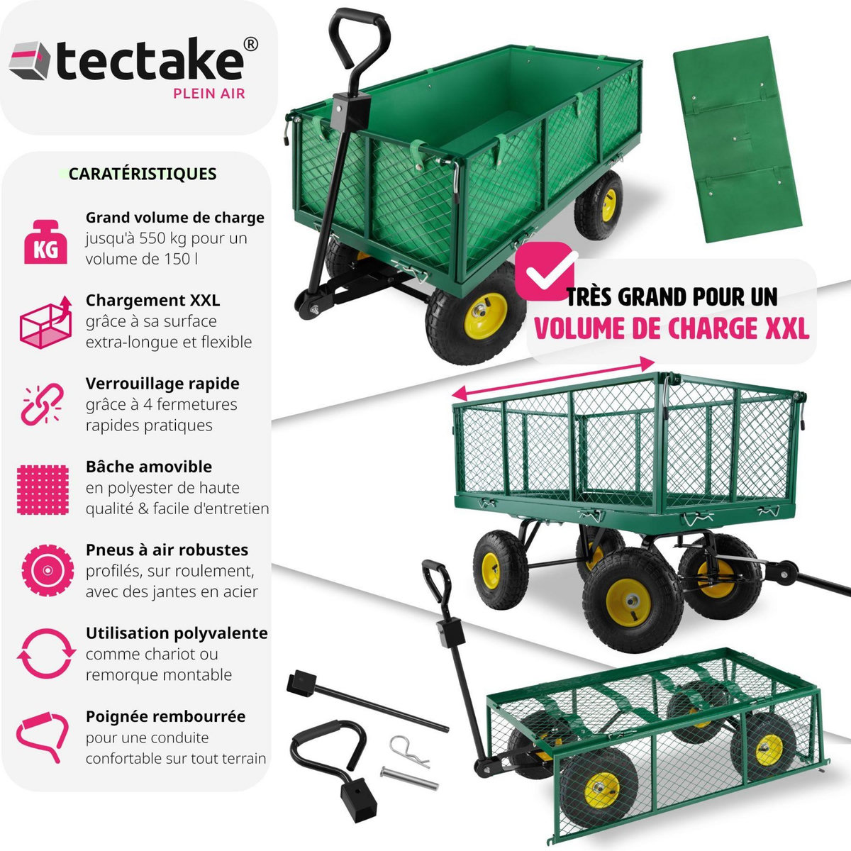 tectake Chariot de jardin et de transport avec des parois latérales rabattables vert