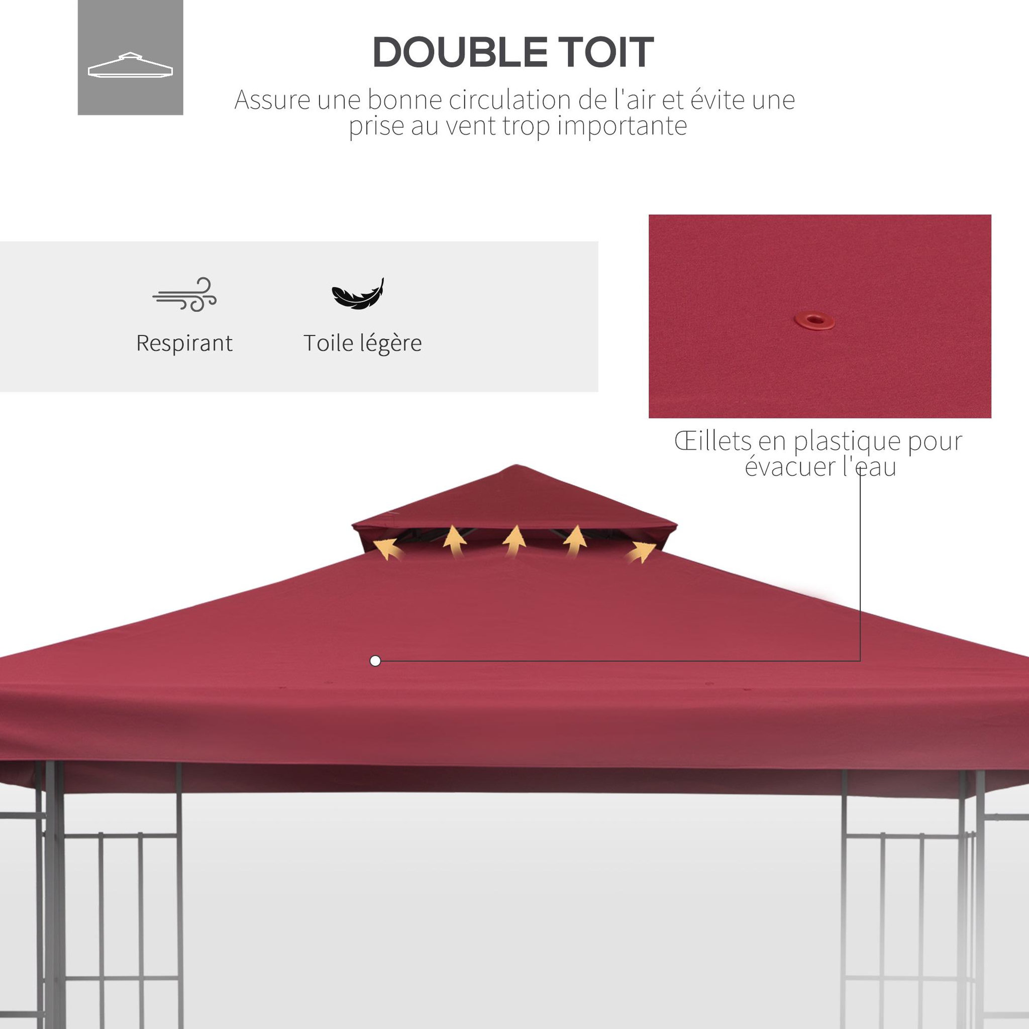 Voir la diapositive 4 : OUTSUNNY Toile de rechange pour pavillon tonnelle tente 3 x 3 m polyester haute densité 180 g/m² bordeaux