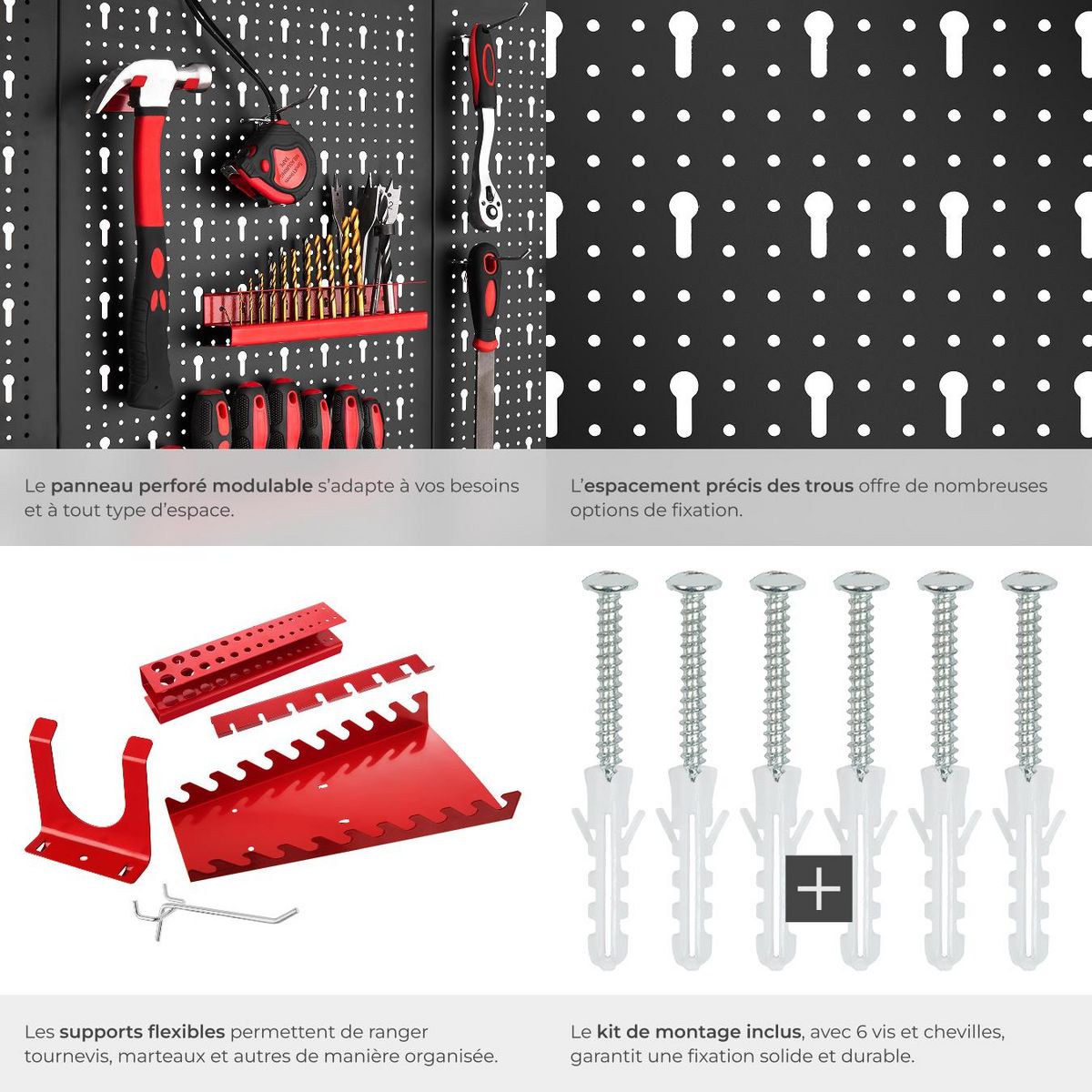 tectake Panneau perforé Structure en acier noir/rouge Ensemble de 3 pièces