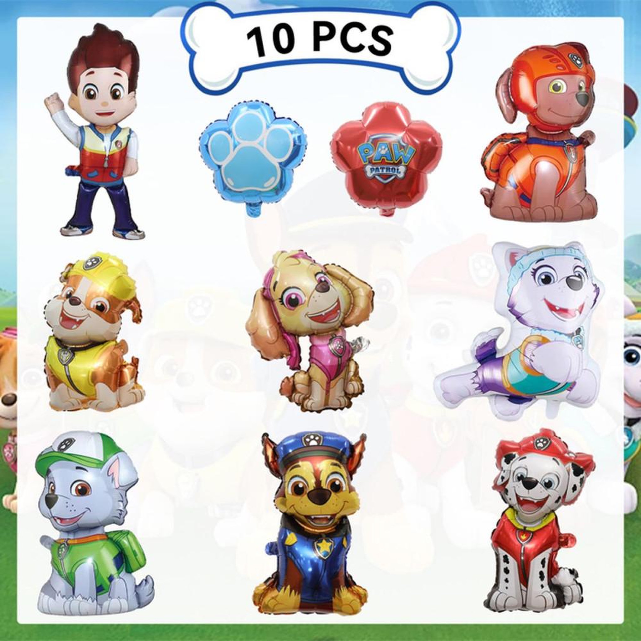 Voir la diapositive 2 : Lot de 10 ballons aluminium multicolores Paw Patrol motifs chiots et pattes