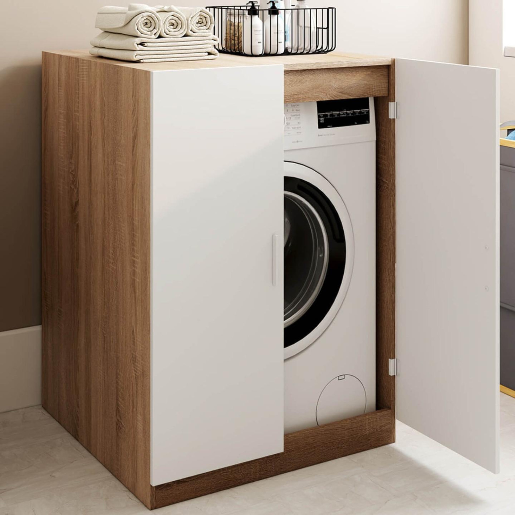 Voir la diapositive 2 : ID MARKET Meuble pour machine à laver avec portes wallis blanc et bois façon hêtre