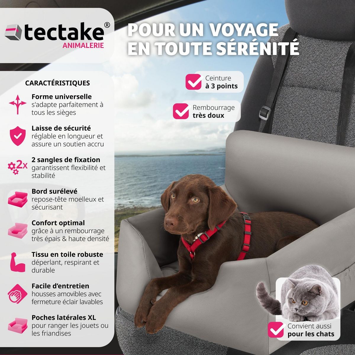 tectake Siège auto pour chien avec une laisse de sécurité et 2 sangles de fixation réglables en longueur gris