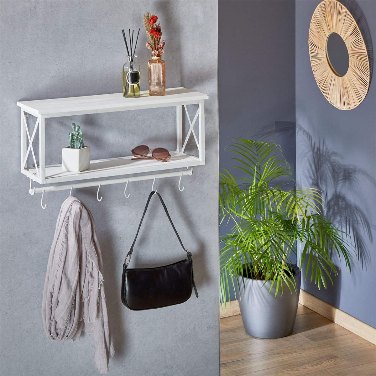 IDIMEX Porte-manteaux mural ARMANDO, avec 2 étagères en bois et cadre en métal