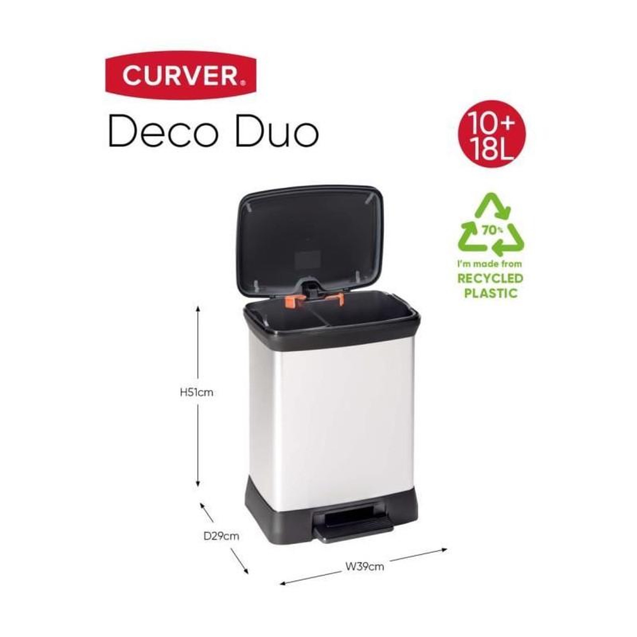 Voir la diapositive 4 : CURVER Curver Poubelle duo a pédale Deco 28 L Argenté 240638