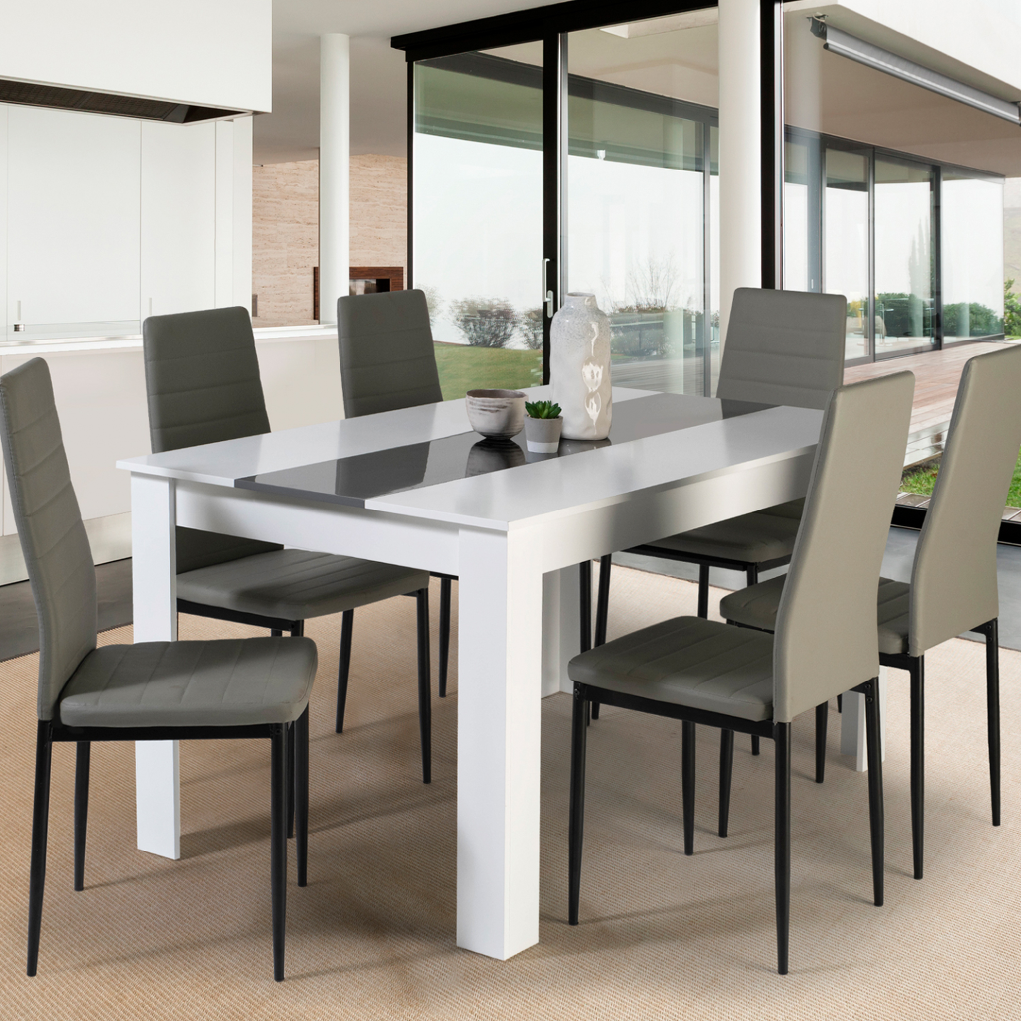 Voir la diapositive 2 : ID MARKET Ensemble table à manger georgia 140 cm blanche et grise et 6 chaises romane grises